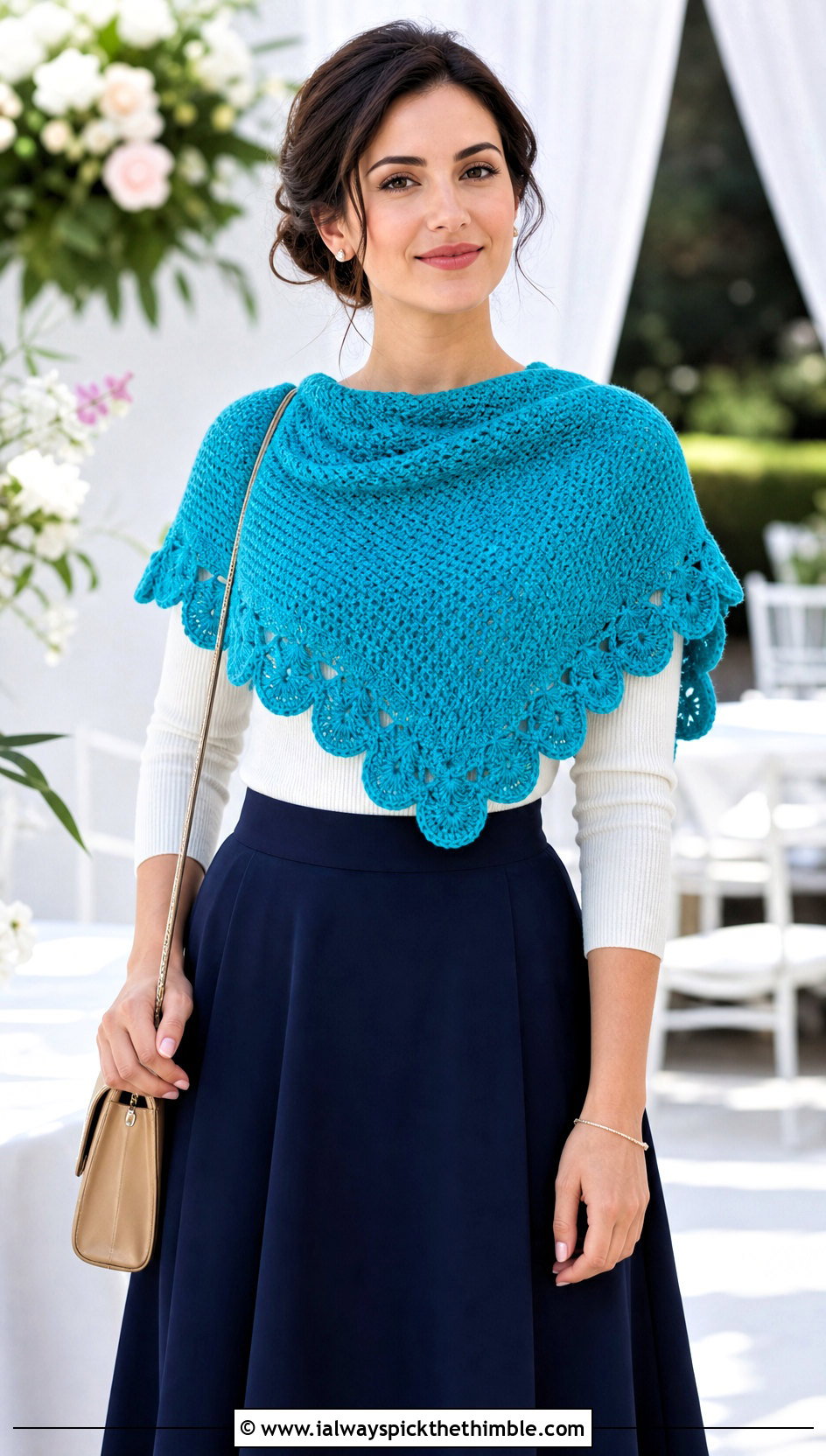 Scalloped Border Tunisian Crochet Triangle Shawl With Midi Skirt - 20 Tunisian Crochet Triangle Shawl outfit ideas