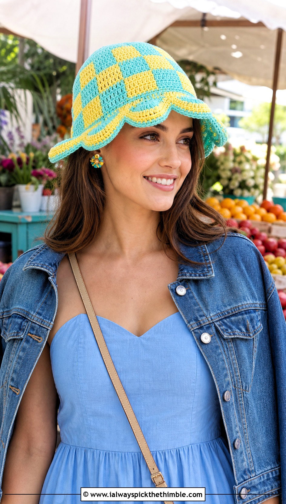 Scalloped Brim Checkered Crochet Hat With Sundress And Sneakers - 15 Checkered Crochet Hat outfit ideas