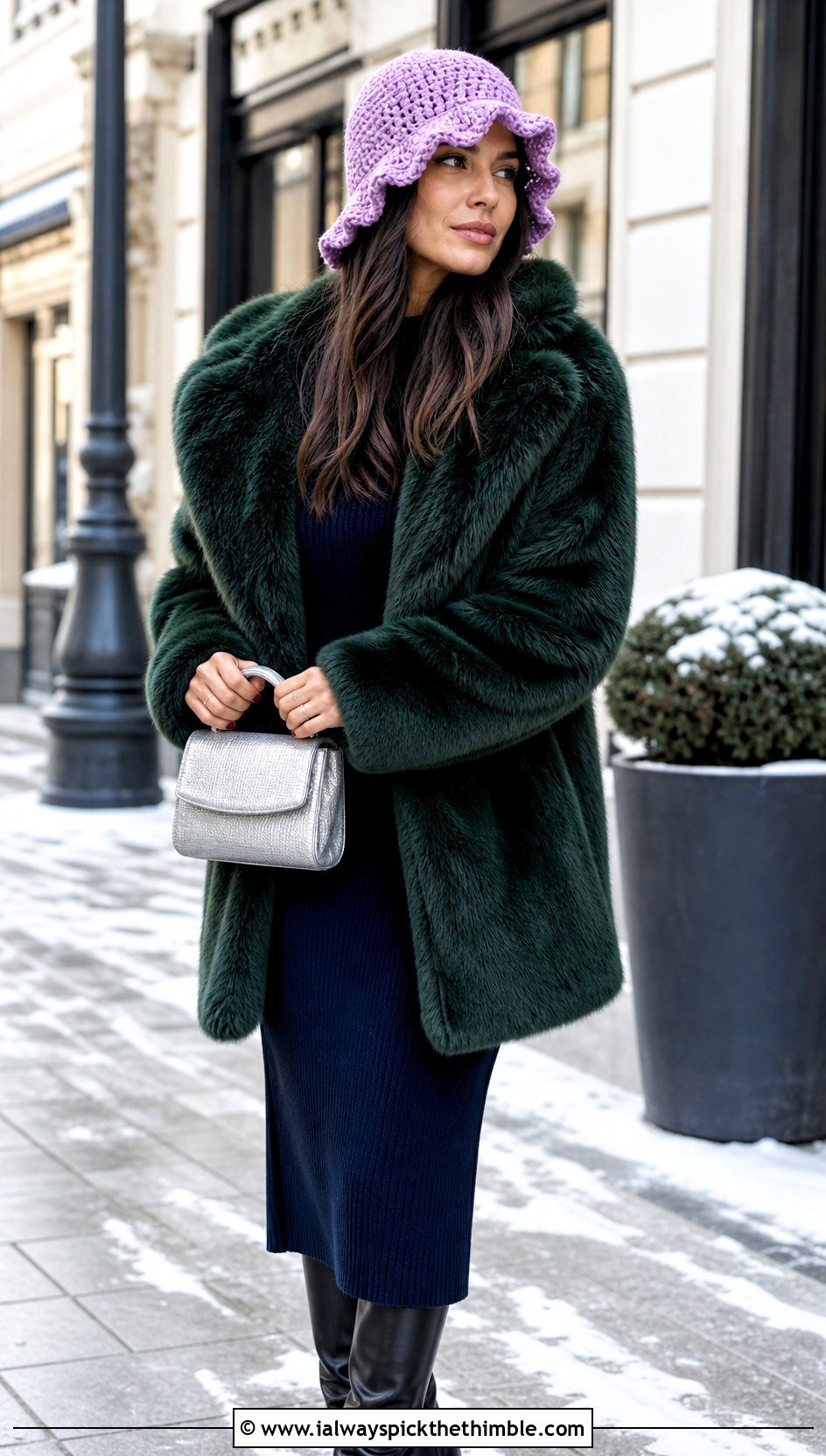 Scalloped Brim Crochet Beanie With Faux Fur Coat And Midi Dress - 20 Boho Crochet Beanie outfit ideas