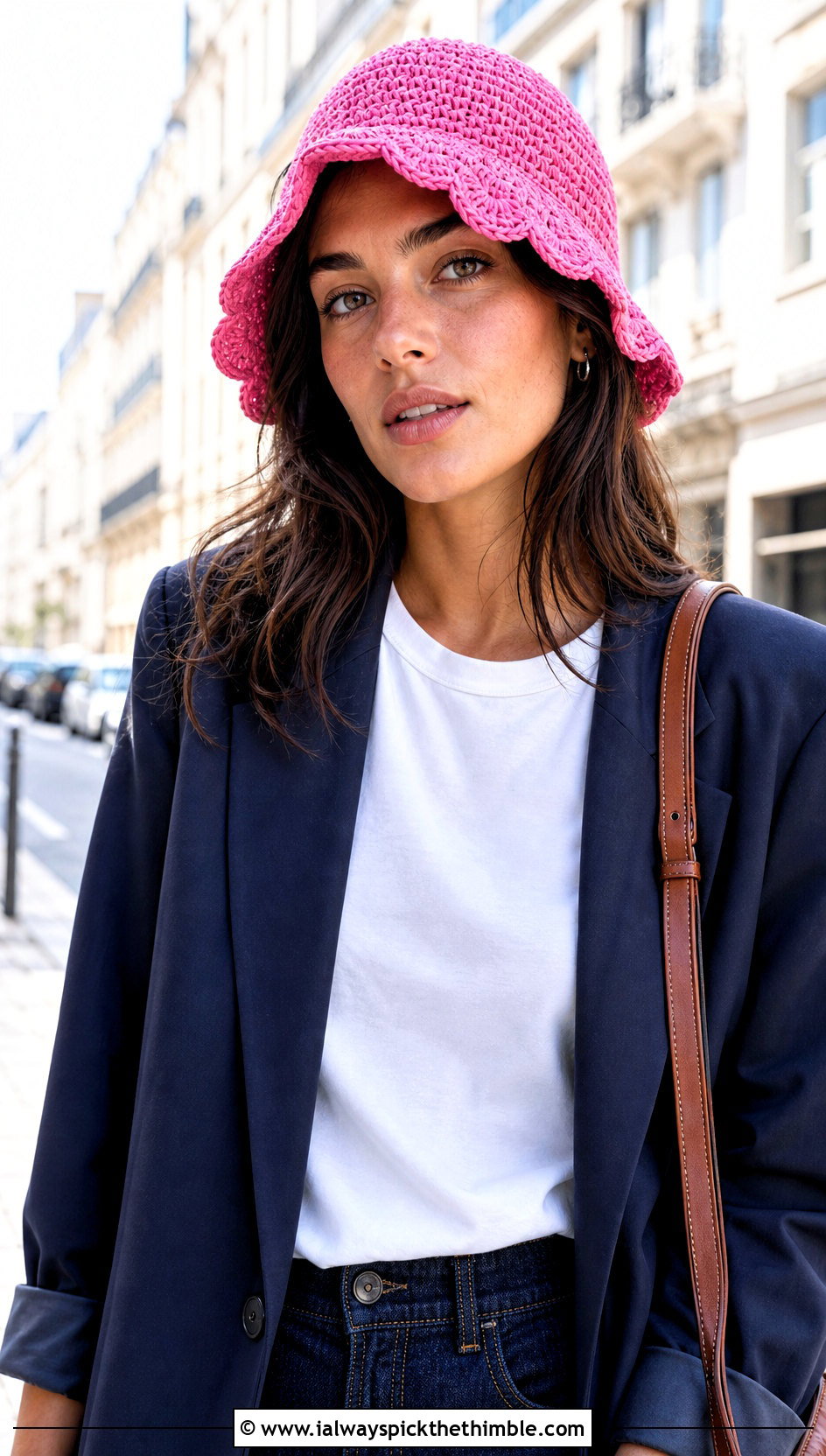 Scalloped Brim Crochet Bucket Hat With Blazer And Jeans - 20 crocheting bucket hat outfit ideas