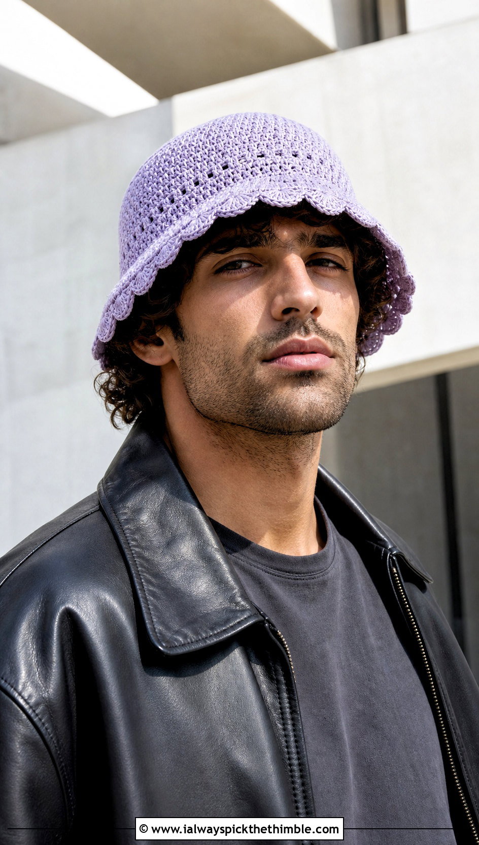 Scalloped Brim Crochet Bucket Hat With Leather Jacket And Jeans - 25 men crochet bucket hat outfit ideas