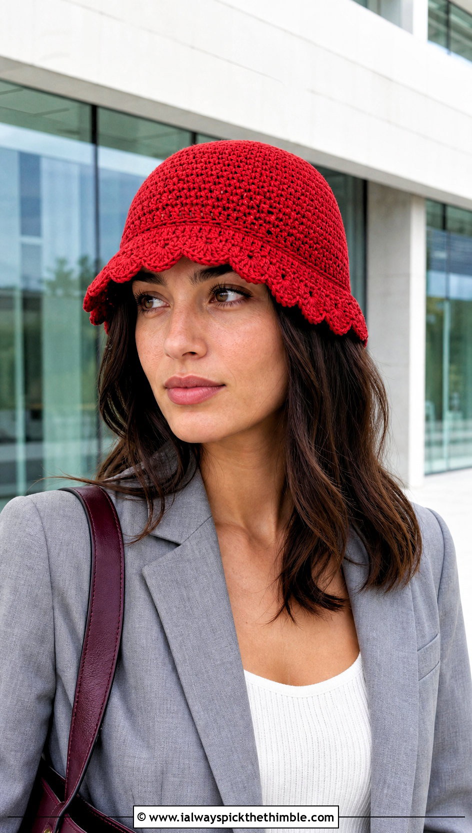 Scalloped Brim Crochet Bucket Hat With Pantsuit - 20 Easy Crochet Bucket Hats outfit ideas
