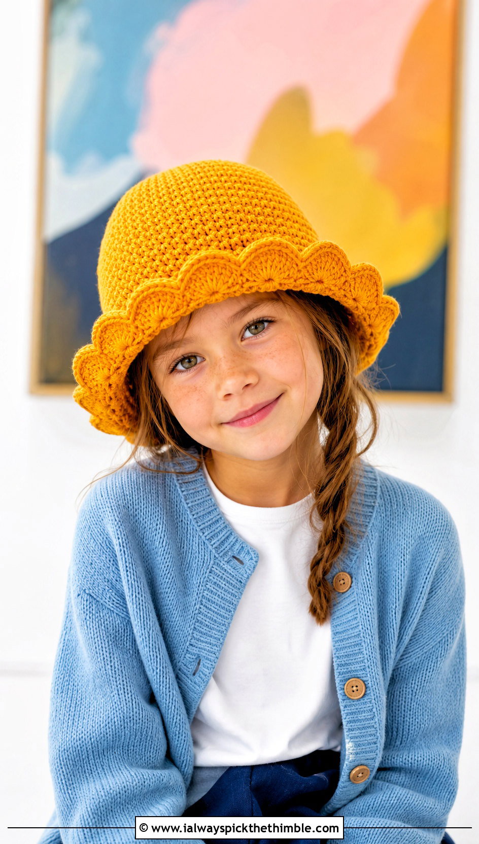 Scalloped Brim Crochet Childs Hat With Cardigan And Wide Leg Pants - 20 crochet childs hat outfit ideas