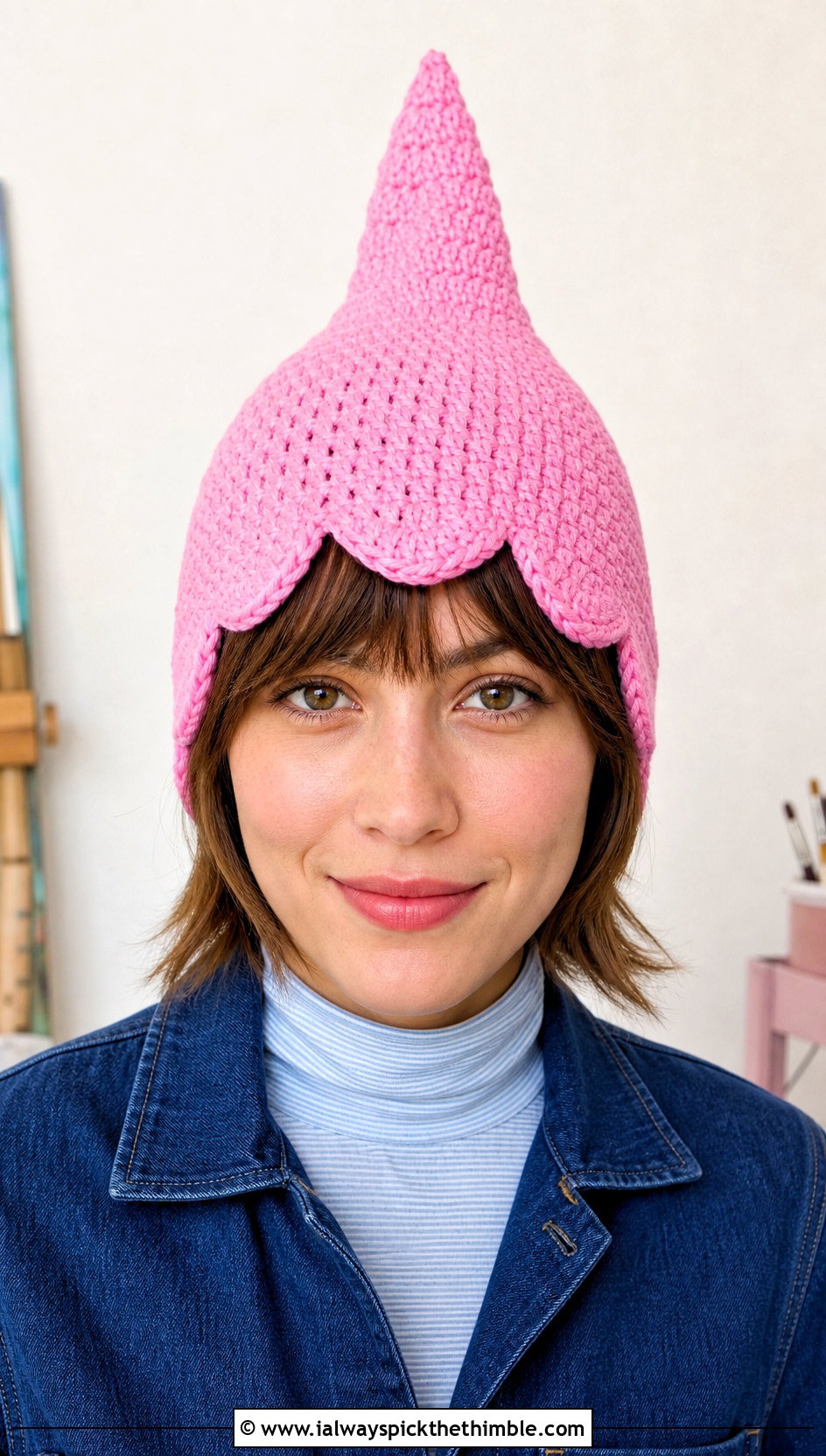 Scalloped Brim Crochet Cindy Lou Who Hat With Denim Jumpsuit - 20 Crochet Cindy Lou Who Hat outfit ideas