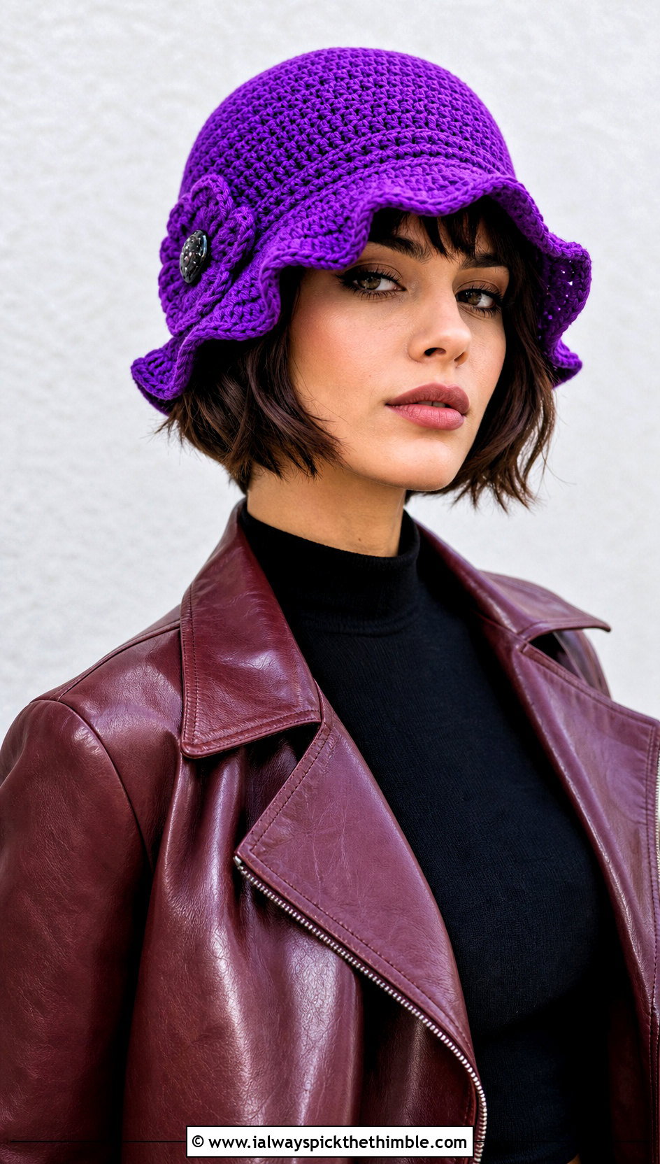 Scalloped Brim Crochet Flapper Hat With Leather Jacket - 20 crochet flapper hat outfit ideas