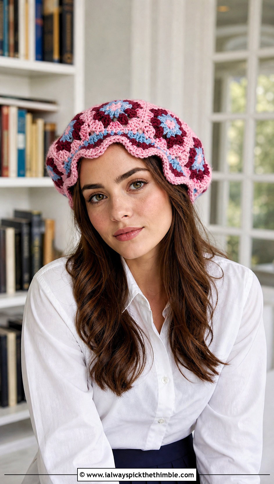 Scalloped Brim Crochet Granny Square Beret With Pleated Skirt - 20 Crochet Granny Square Beret outfit ideas