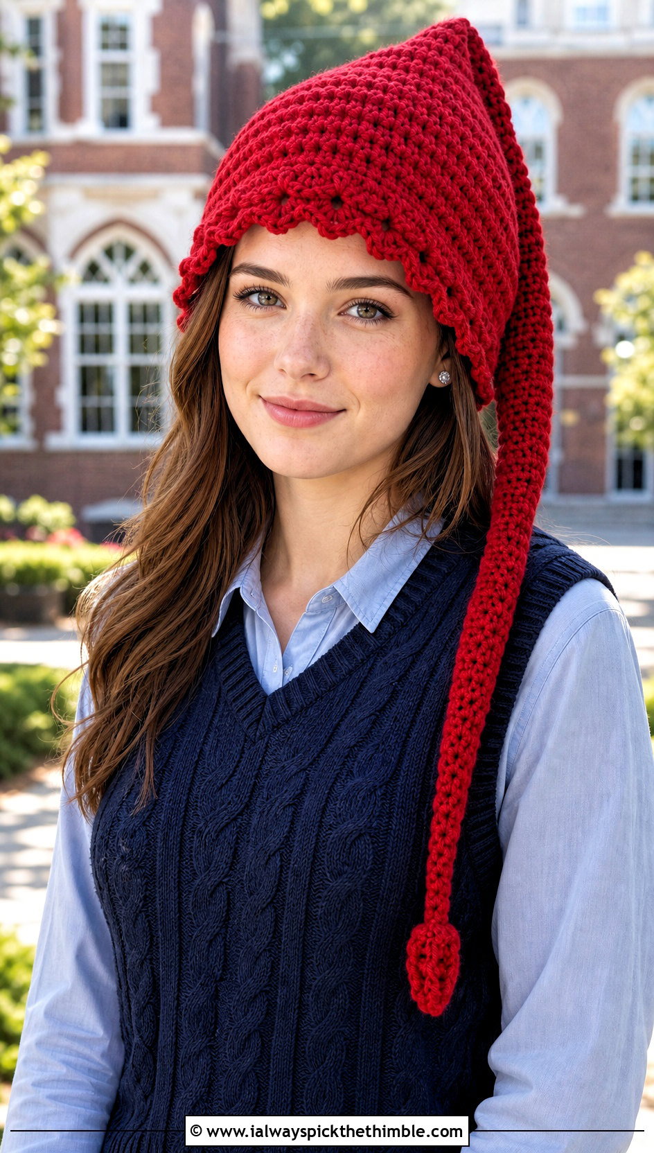 Scalloped Brim Crochet Long Stocking Cap With Preppy Layers - 20 Crochet Long Stocking Cap outfit ideas