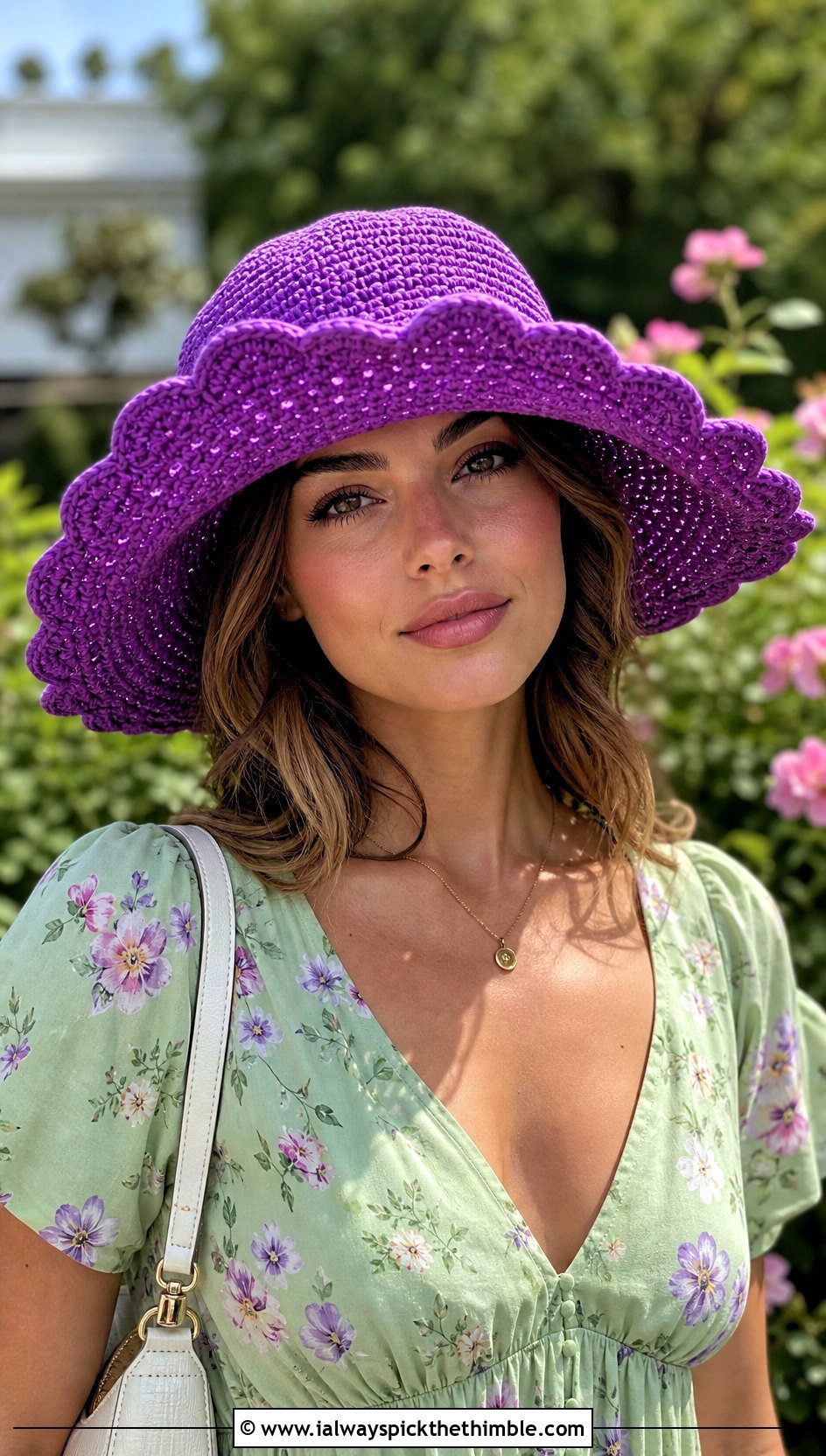 Scalloped Brim Crochet Sun Hat With Floral Midi Dress - 25 Crochet Hats For Women outfit ideas