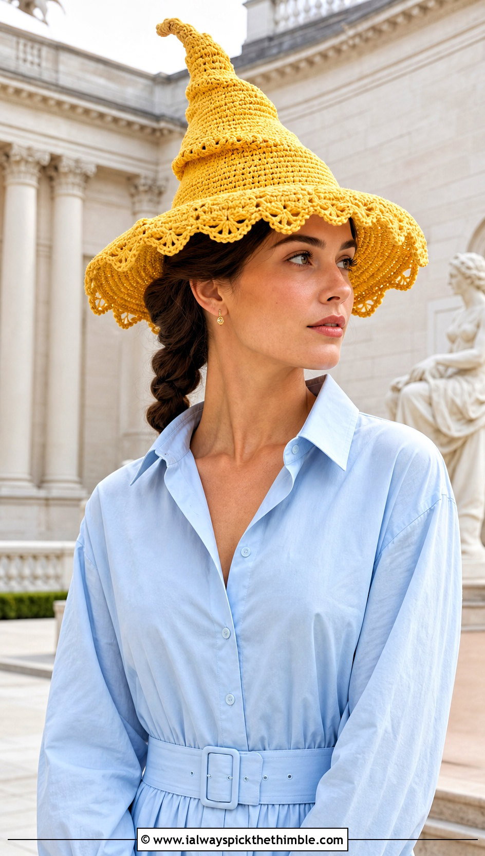 Scalloped Brim Crochet Twisted Witch Hat With Shirt Dress - 20 crochet twisted witch hat outfit ideas