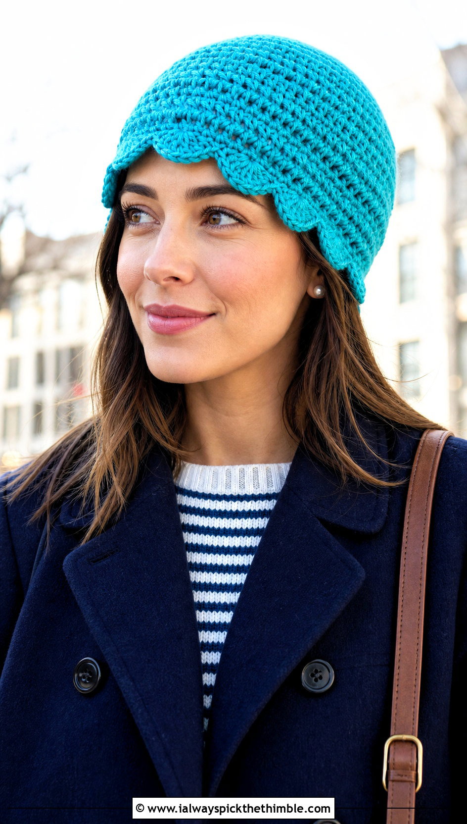 Scalloped Brim Crocheted Stocking Cap With Peacoat - 15 Crocheted Stocking Cap outfit ideas