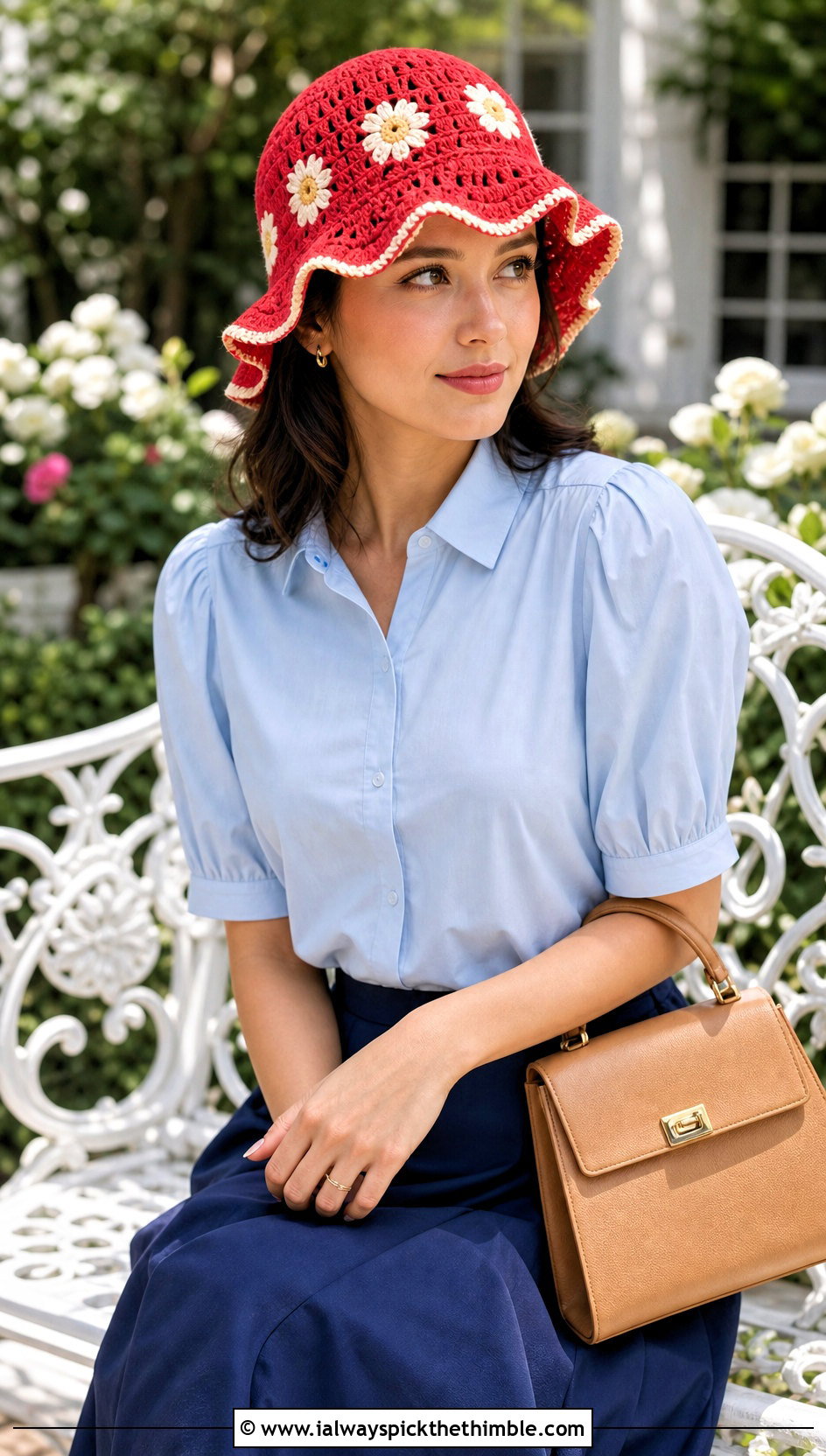 Scalloped Brim Granny Hat With Blouse And Midi Skirt - 20 crochet granny hat outfit ideas