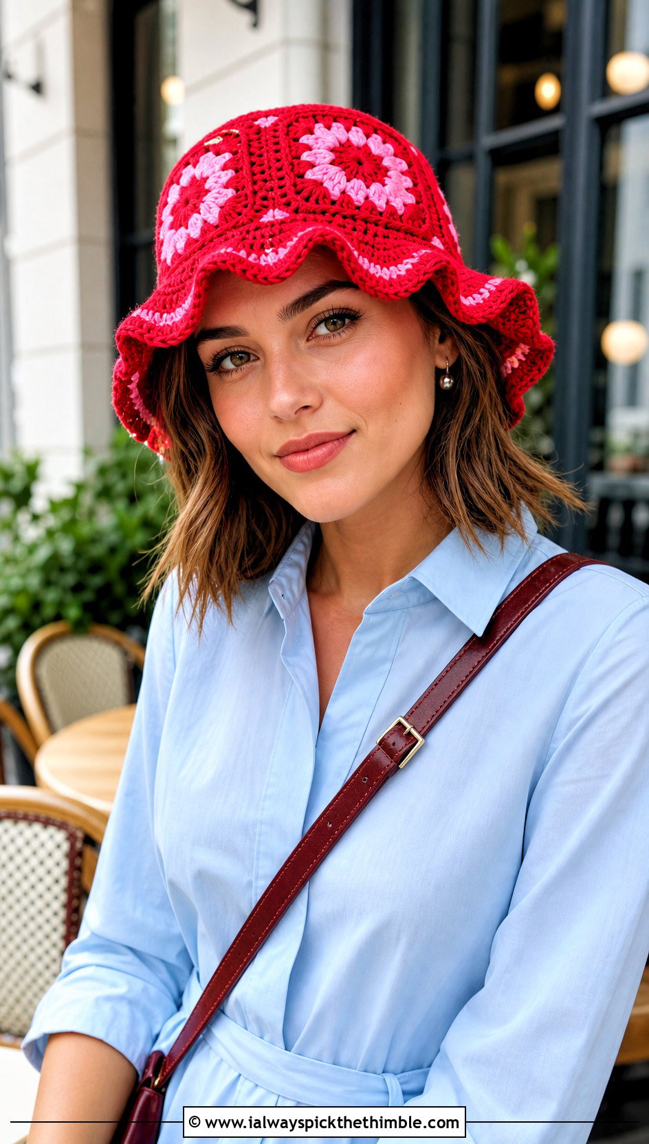 Scalloped Brim Granny Square Bucket Hat With Shirt Dress - 15 Crochet Granny Square Bucket Hat outfit ideas