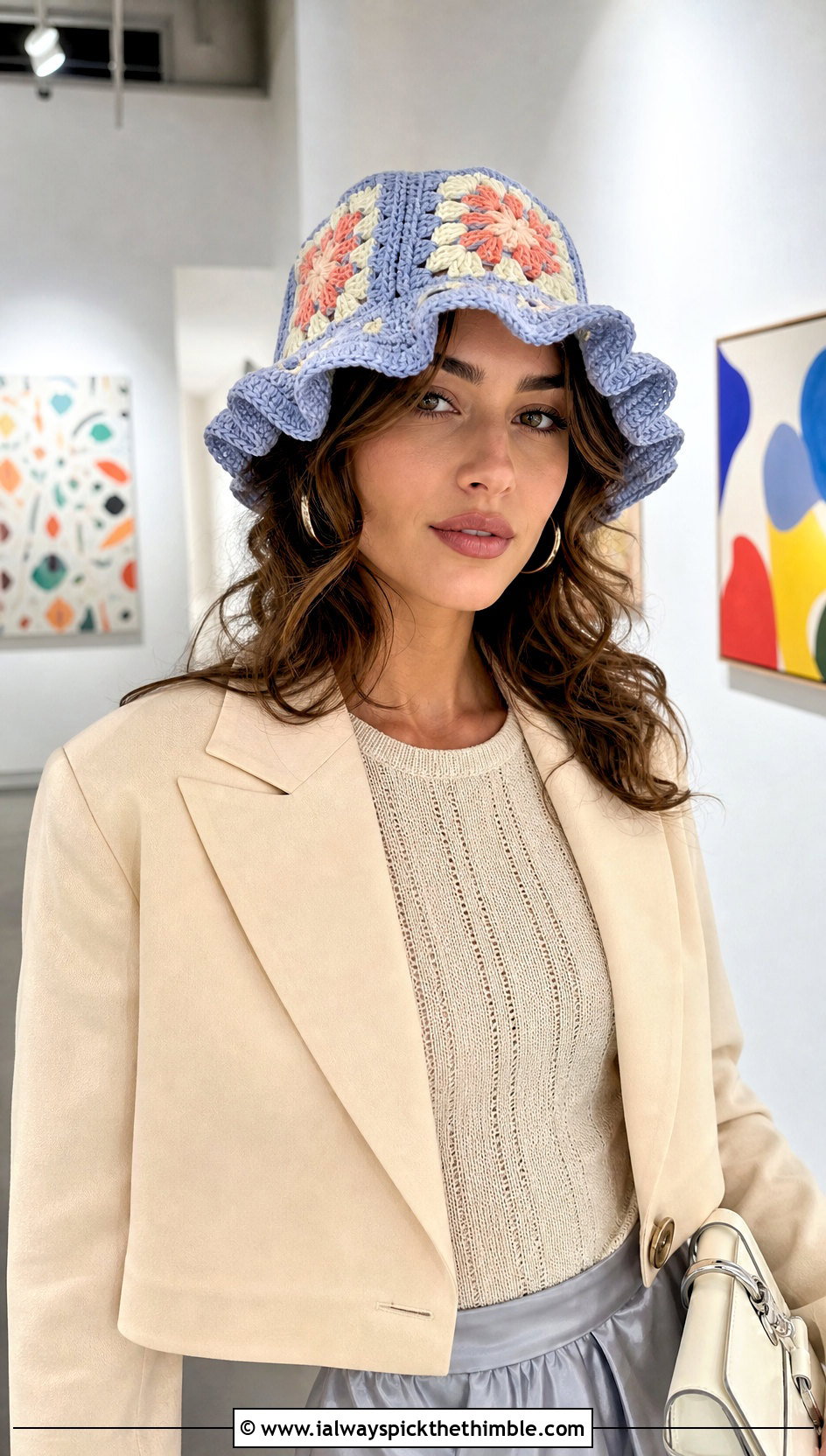 Scalloped Brim Granny Square Hat With Satin Skirt - 25 granny square hat outfit ideas