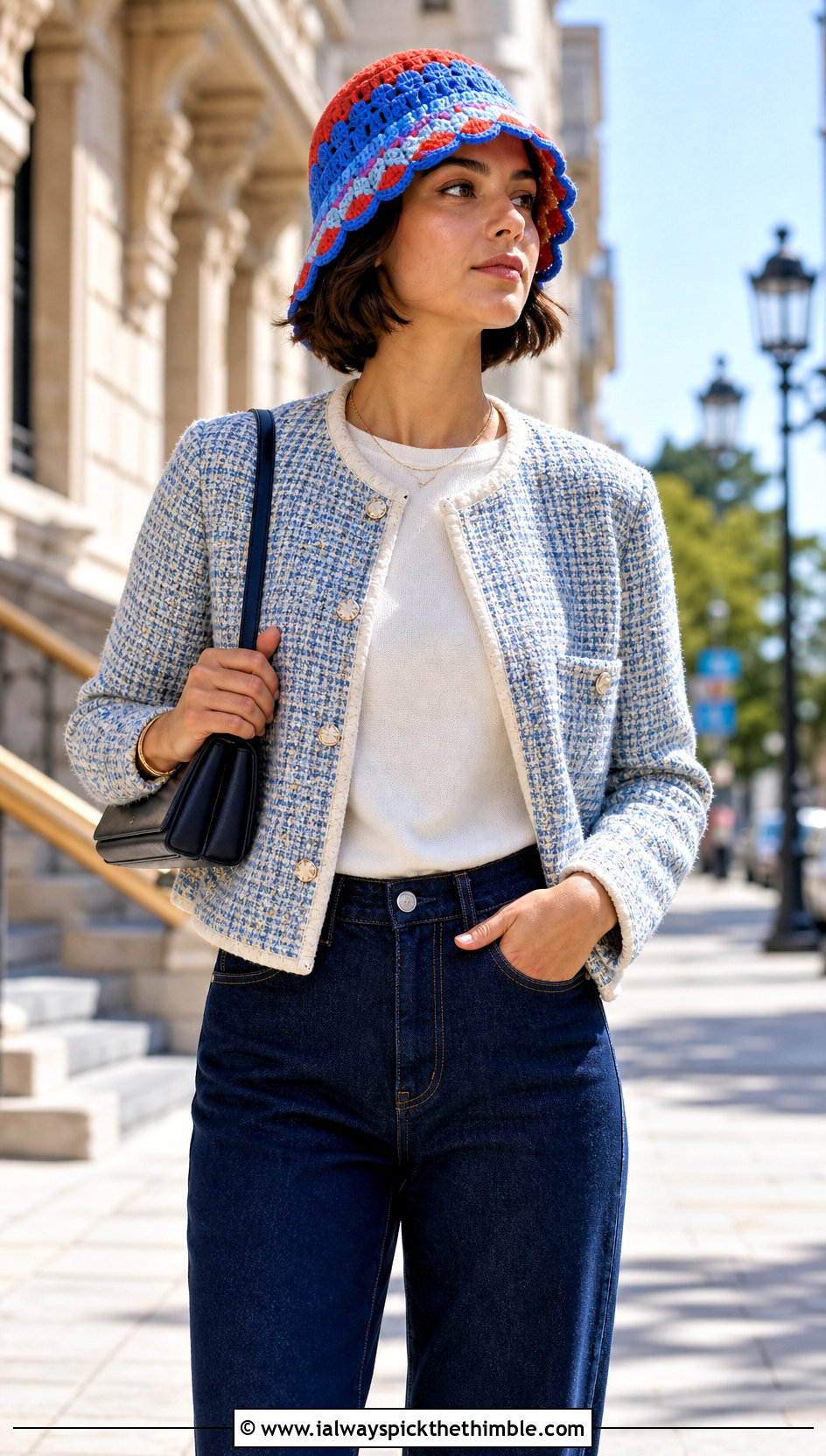 Scalloped Brim Scrap Bucket Hat With Tweed Jacket And Jeans - 15 Scrap Happy Crochet Bucket Hat outfit ideas