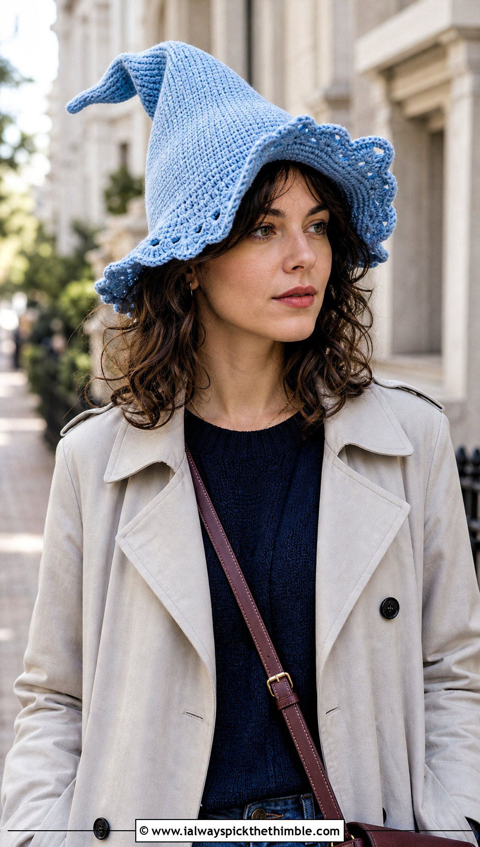 Scalloped Brim Slouchy Crochet Witch Hat With Trench Coat - 20 slouchy crochet witch hat outfit ideas