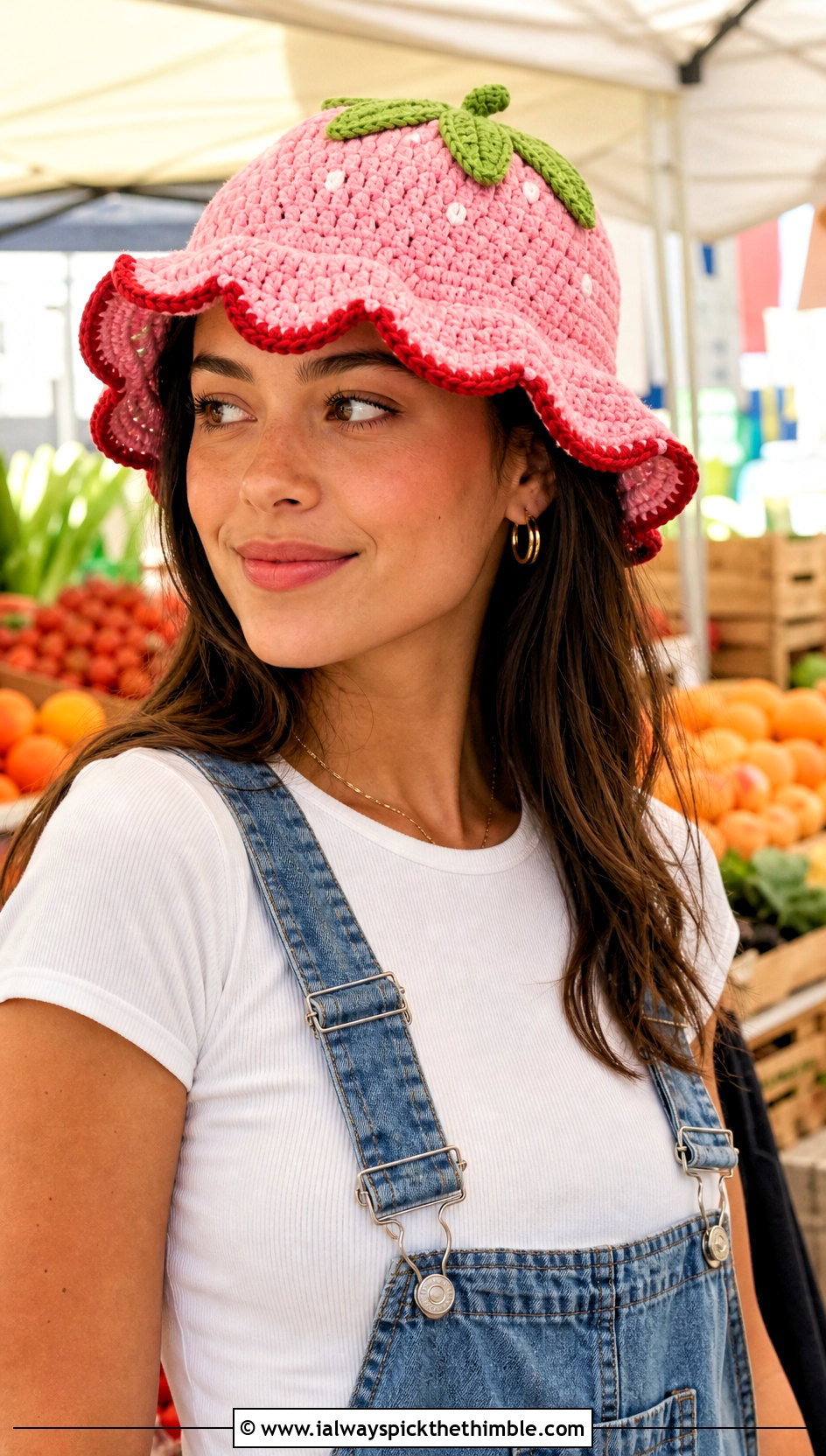 Scalloped Brim Strawberry Shortcake Crochet Hat With Denim Overalls - 20 Strawberry Shortcake Crochet Hat outfit ideas