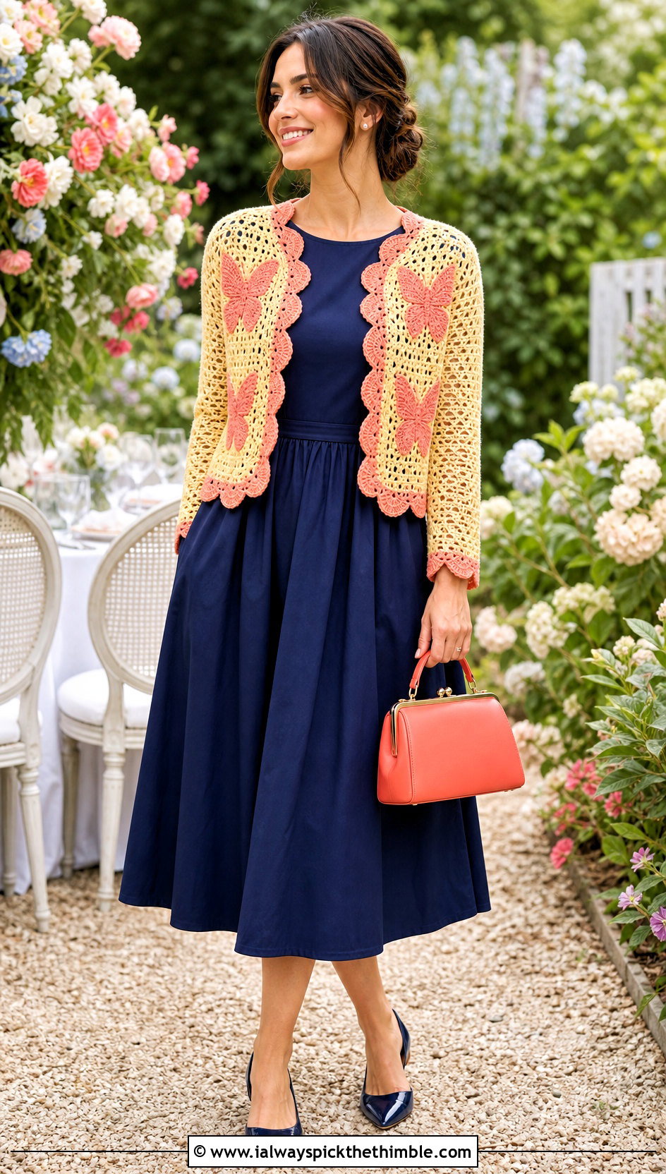 Scalloped Butterfly Crochet Cardigan With Tea Length Dress - 25 crochet butterfly cardigan outfit ideas