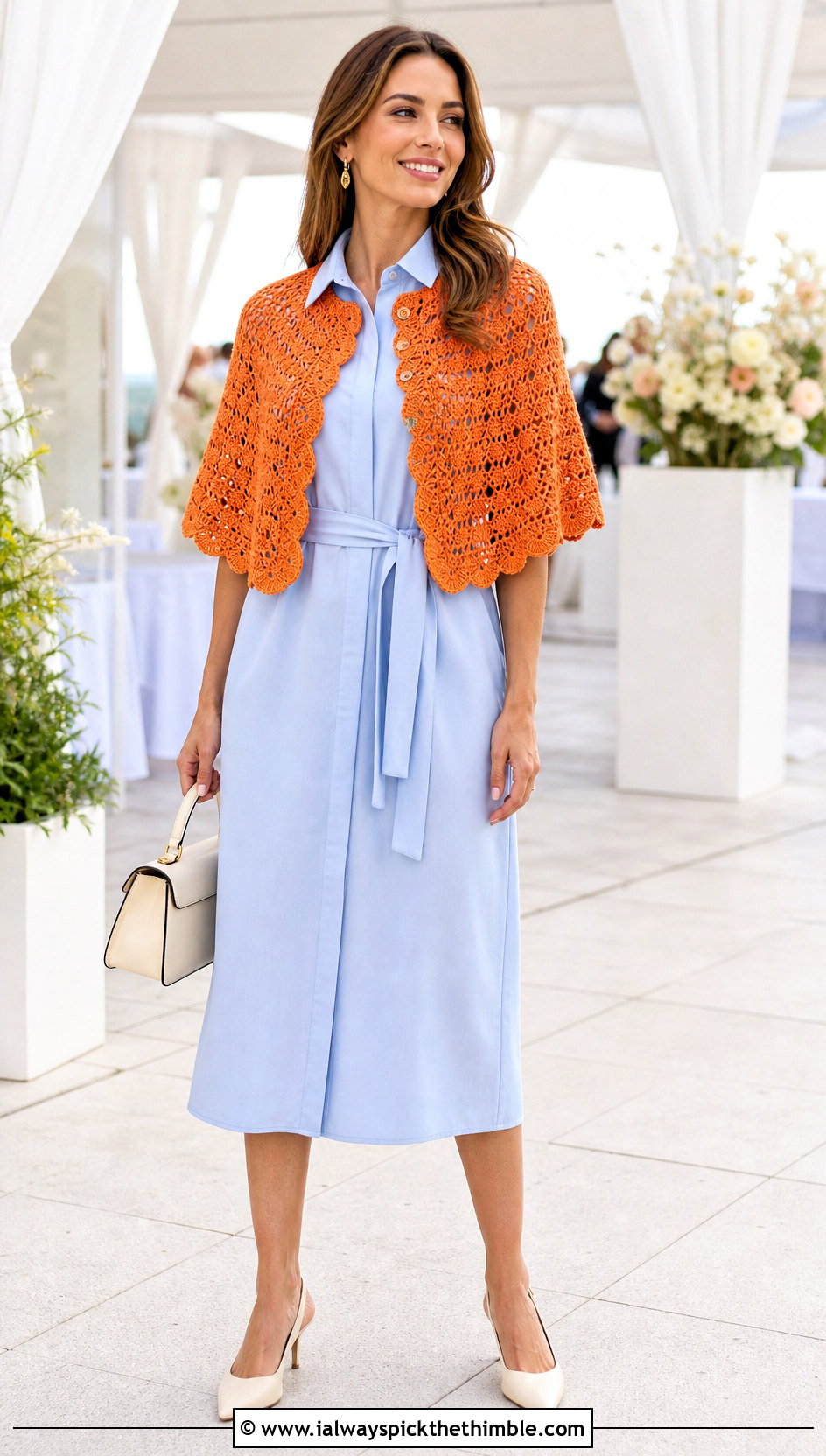 Scalloped Buttoned Crochet Capelet With Shirt Dress - 15 Buttoned Crochet Wrap outfit ideas