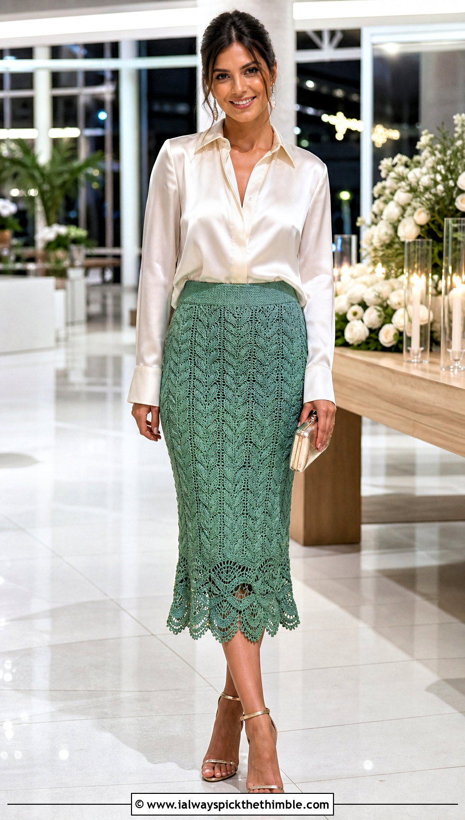 Scalloped Cable Midi Skirt With Satin Blouse And Heels - 15 crochet cable skirt outfit ideas