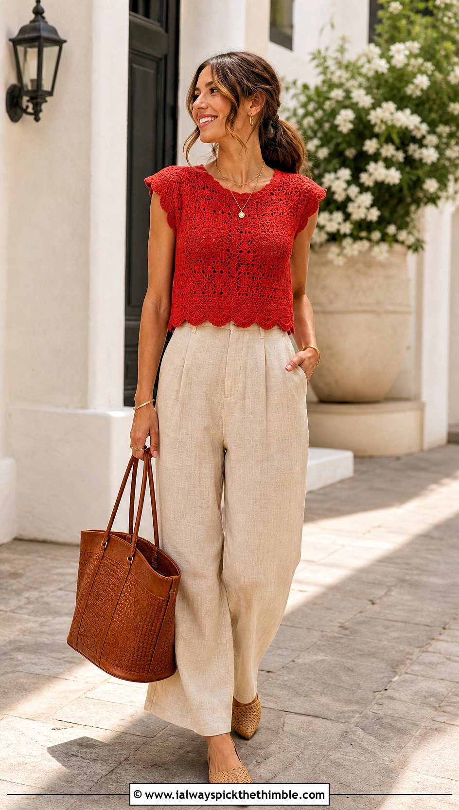 Scalloped Cap Sleeve Crochet Top With Linen Pants - 25 crochet sleeve top outfit ideas