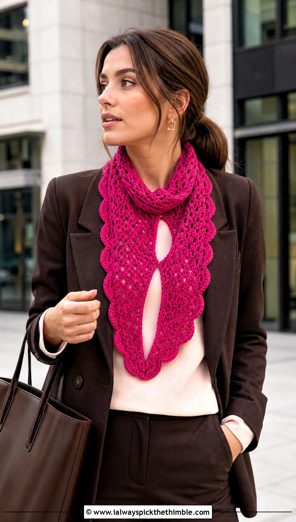 Scalloped Cari Keyhole Crochet Scarf With Trouser Suit - 15 Cari Keyhole Crochet Scarf outfit ideas