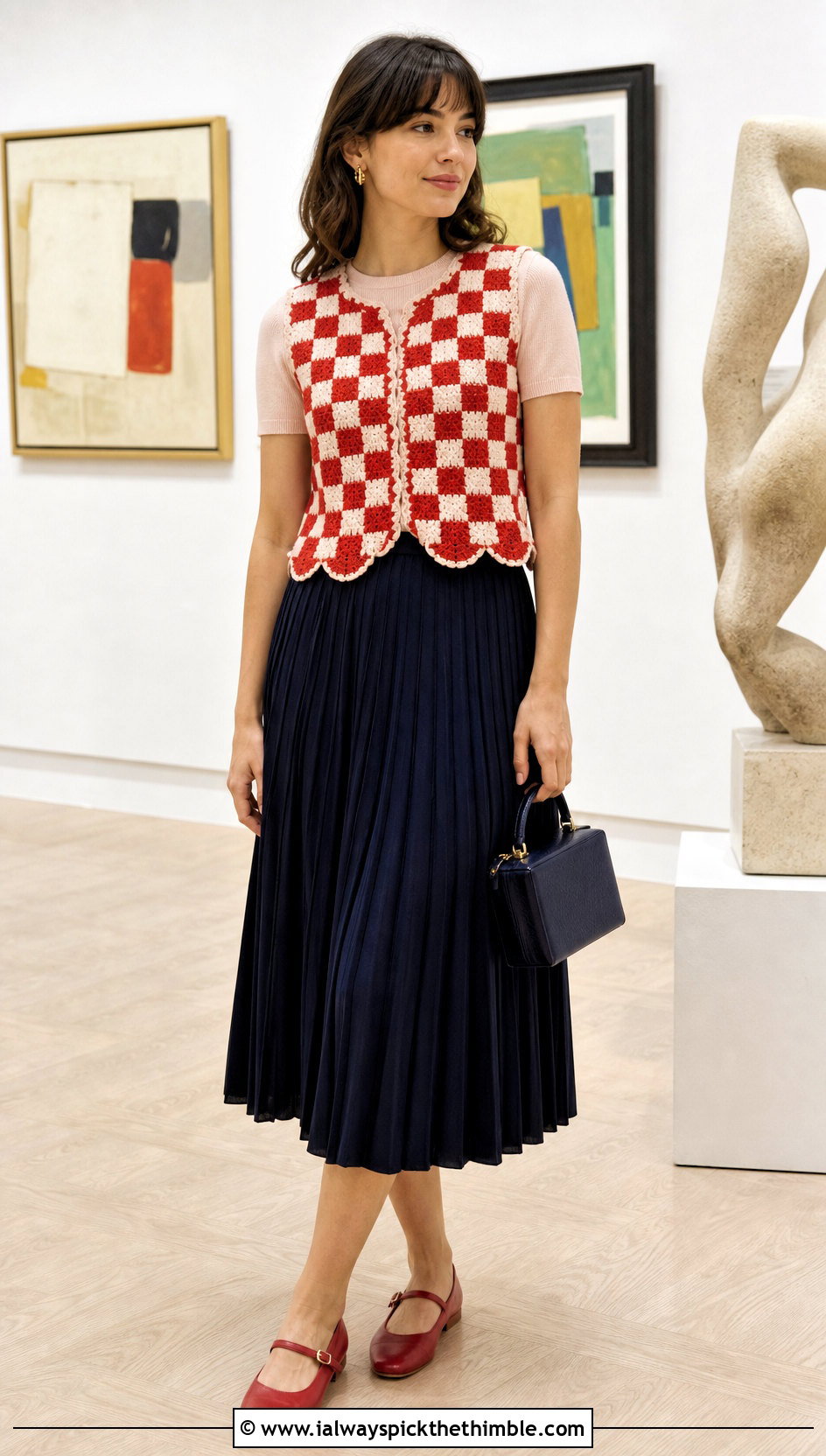 Scalloped Checkered Crochet Vest With Pleated Midi Skirt - 20 checkered crochet vest outfit ideas