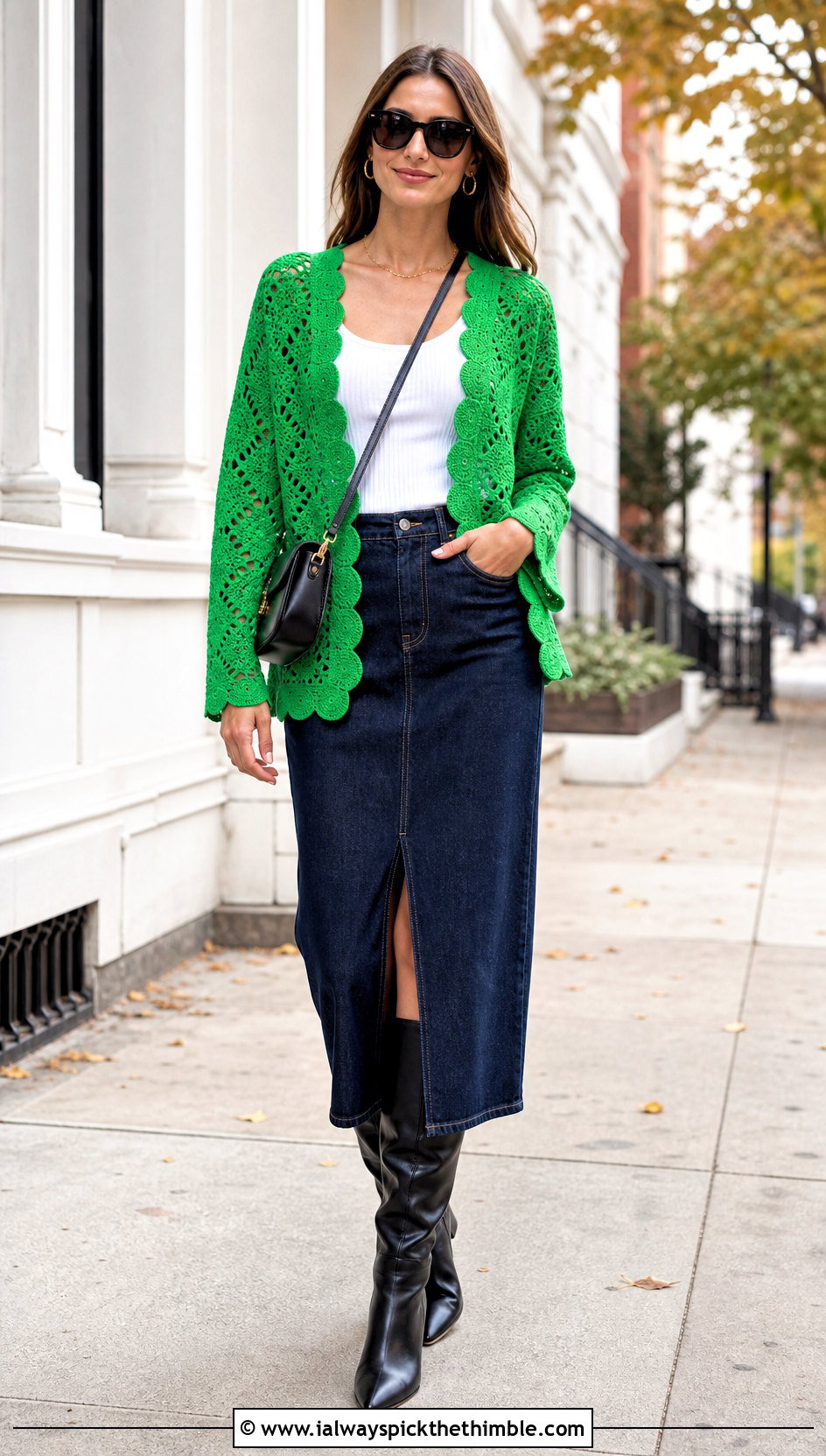 Scalloped Circle Crochet Cardigan With Denim Midi Skirt - 20 circle crochet cardigan outfit ideas