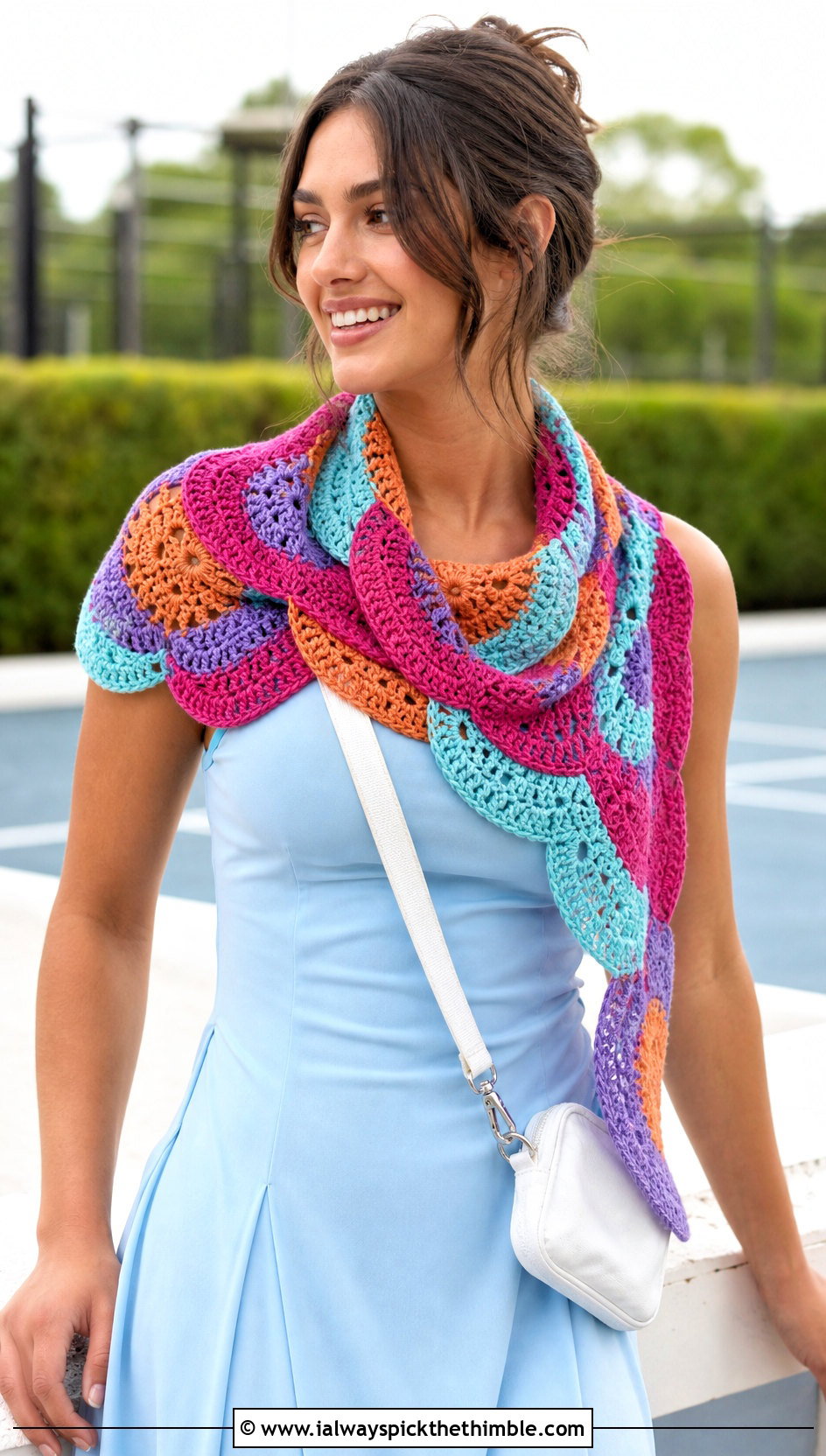 Scalloped Circle Crochet Scarf With Tennis Dress And Sneakers - 15 crochet scarf with colorful circles outfit ideas