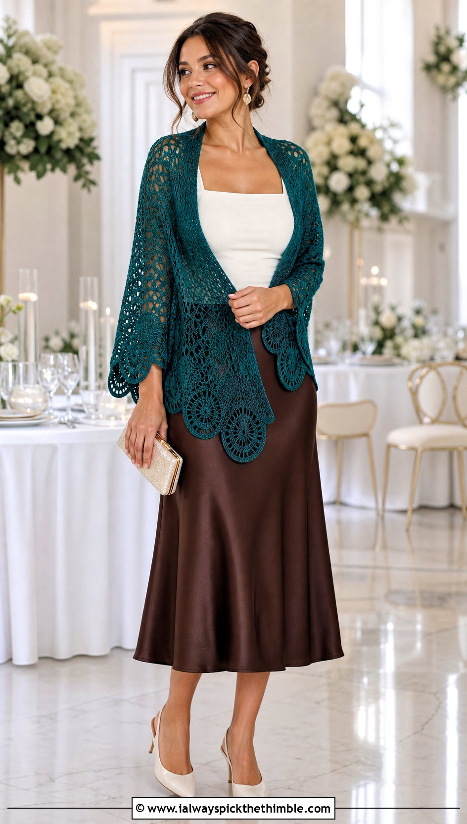 Scalloped Circle Crochet Shawl With Satin Midi Skirt - 20 Circle Crochet Shawl outfit ideas