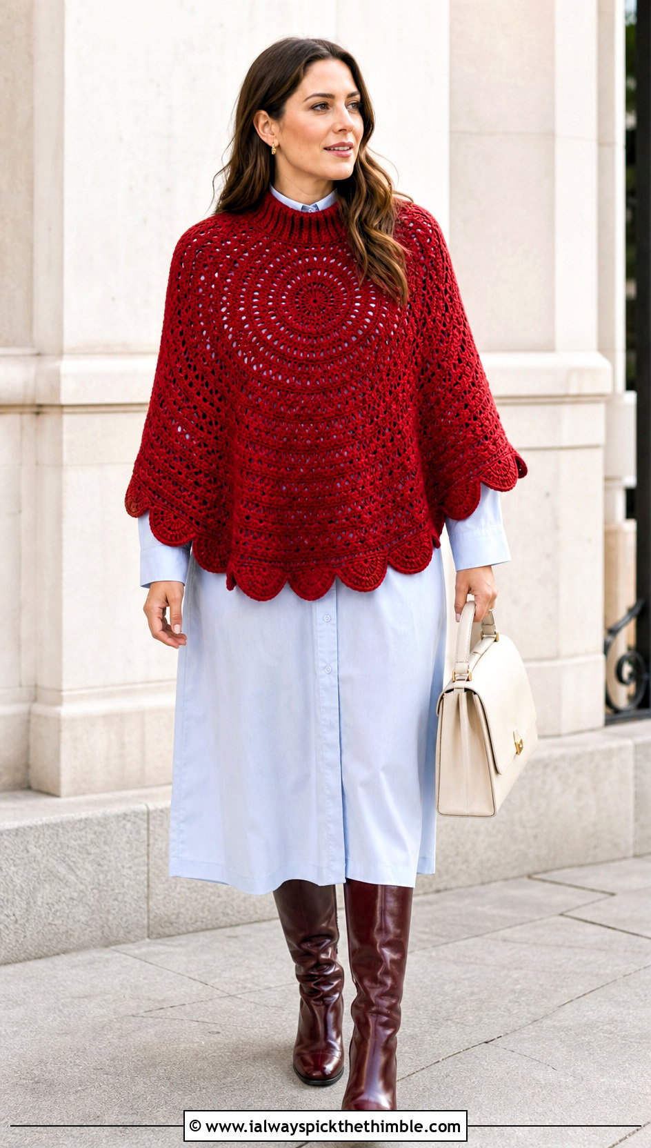 Scalloped Circle Poncho With Shirt Dress - 20 Crochet Circle Poncho outfit ideas