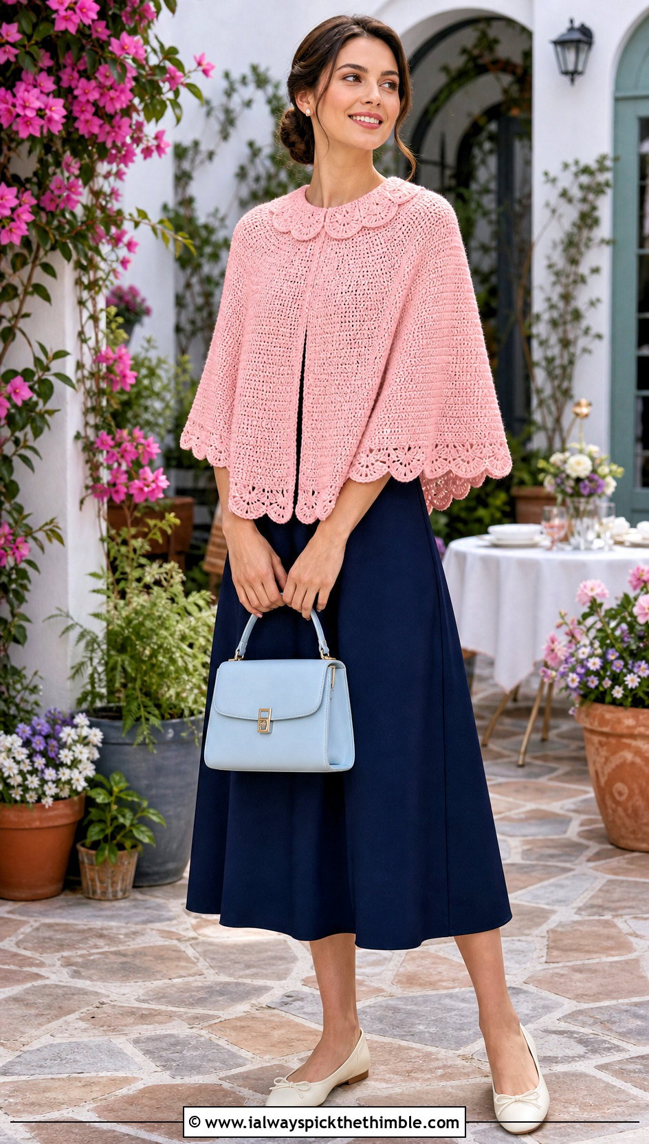 Scalloped Collar Crochet Poncho With A Line Dress - 20 Crochet Poncho With Collar outfit ideas