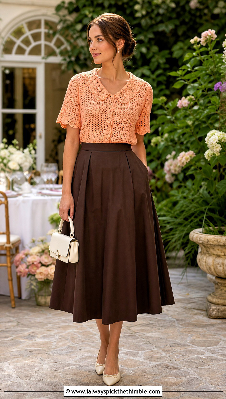 Scalloped Collar Crochet Shirt With Poplin Midi Skirt - 25 crochet collared shirt outfit ideas