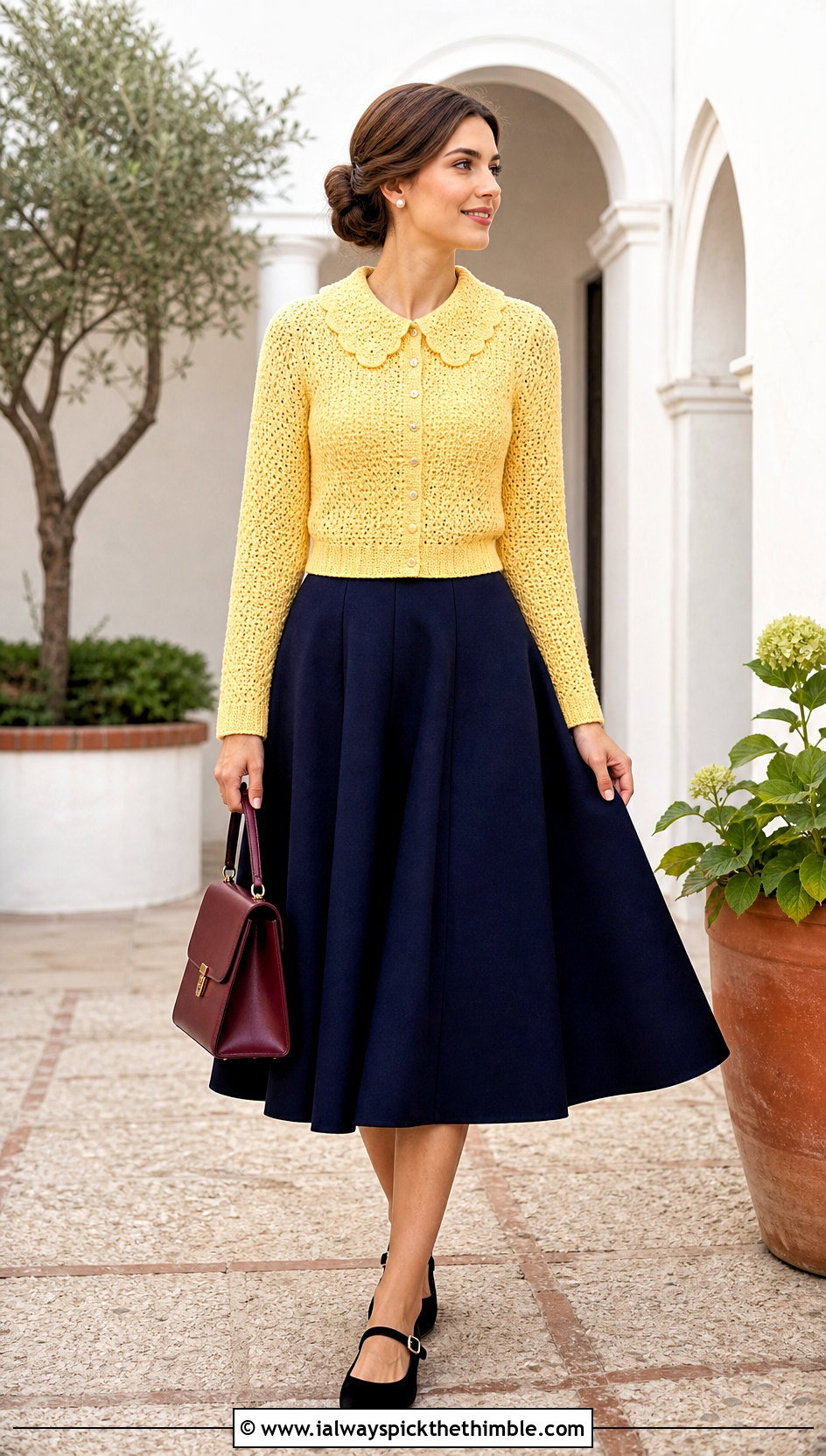 Scalloped Collar Crochet Sweater With A Line Skirt - 20 Crochet Collared Sweater outfit ideas