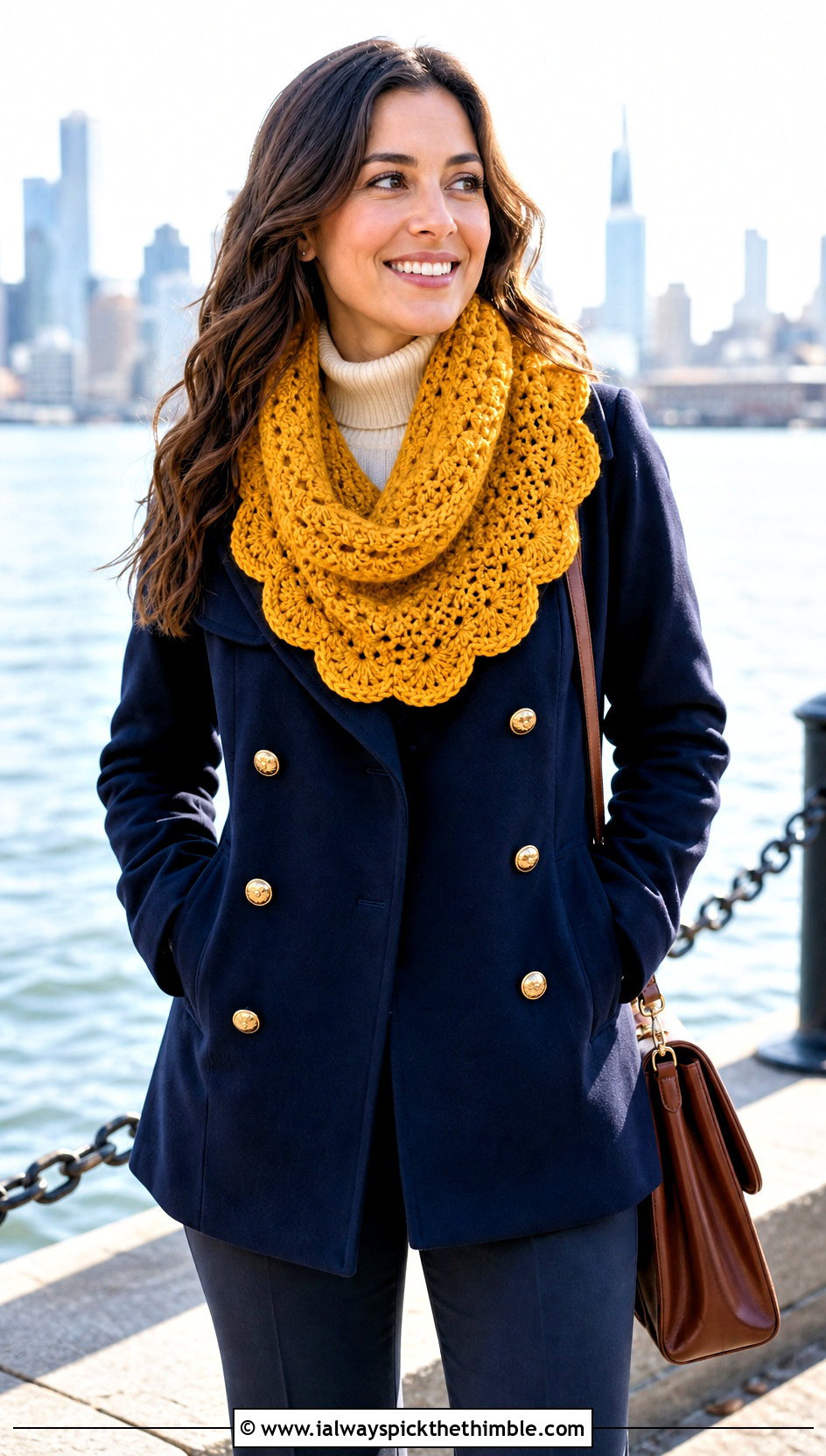 Scalloped Cowl Neck Crochet Scarf With Peacoat - 20 Cowl Neck Crochet Scarf outfit ideas