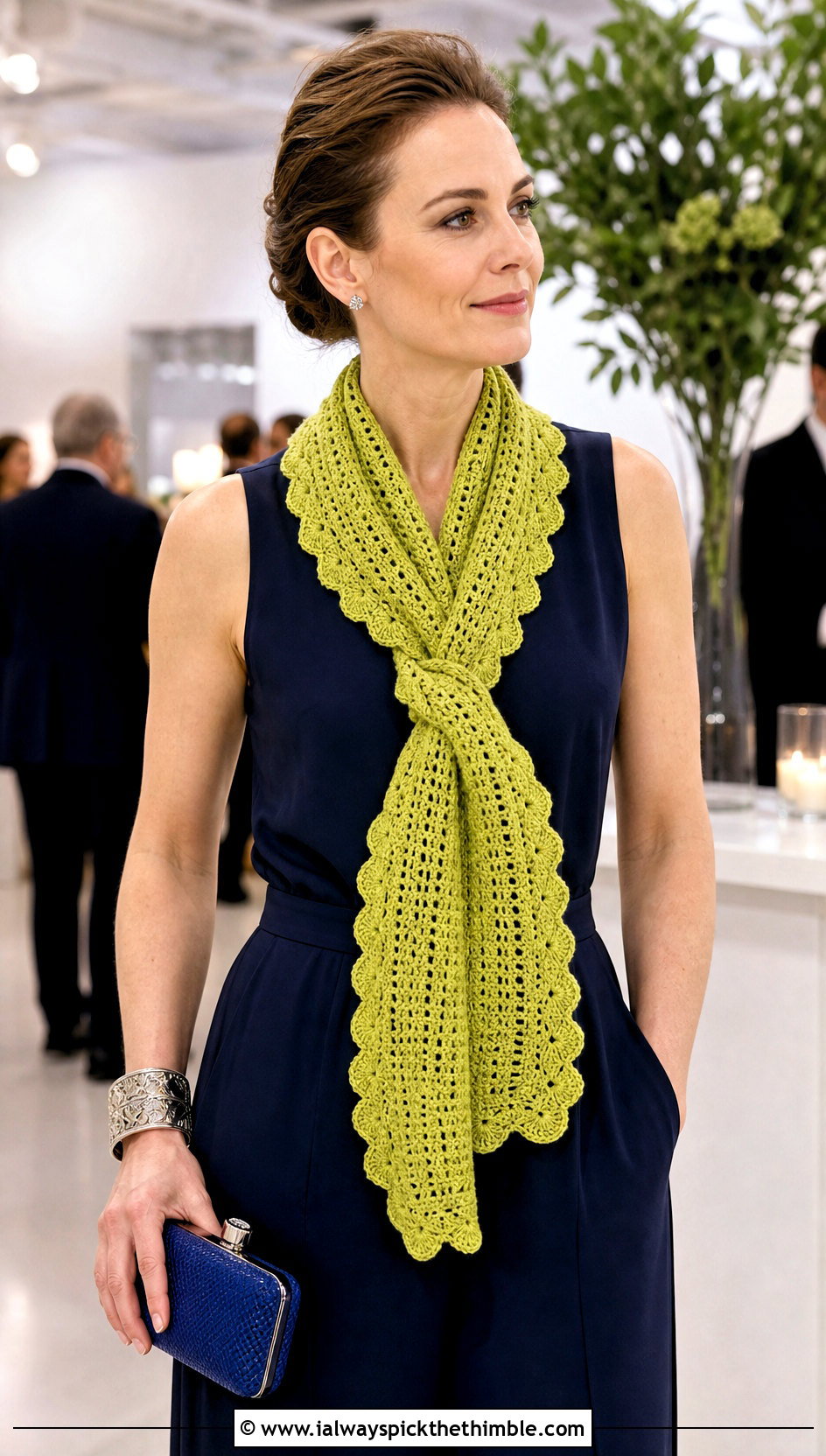 Scalloped Crochet Ascot Scarf With Jumpsuit And Heels - 15 Small Neck Crochet Scarf outfit ideas