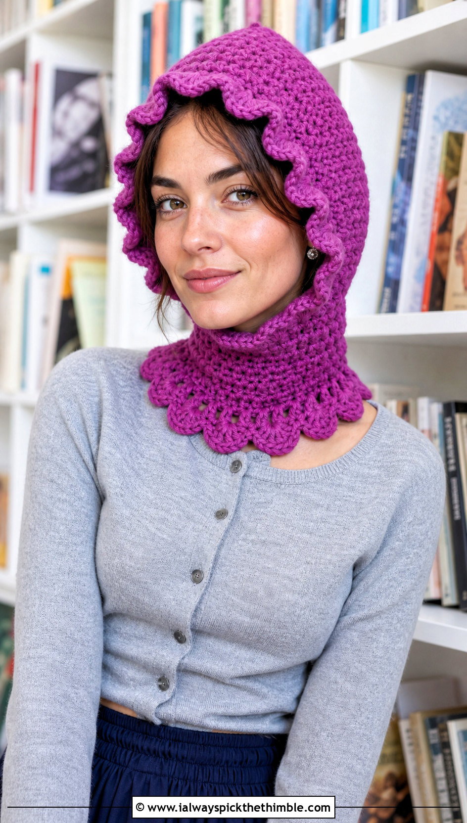 Scalloped Crochet Balaclava Bonnet With Cardigan And Midi Skirt - 25 crochet baclava hat outfit ideas