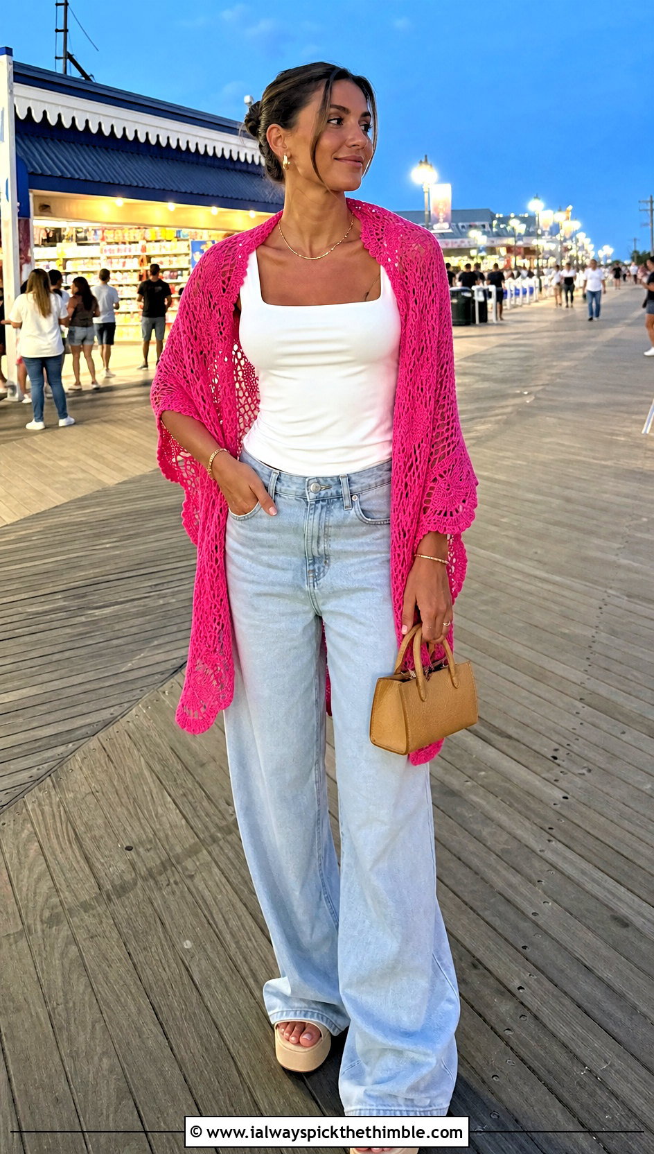 Scalloped Crochet Beach Shawl With Wide Leg Jeans - 20 crochet beach shawl outfit ideas