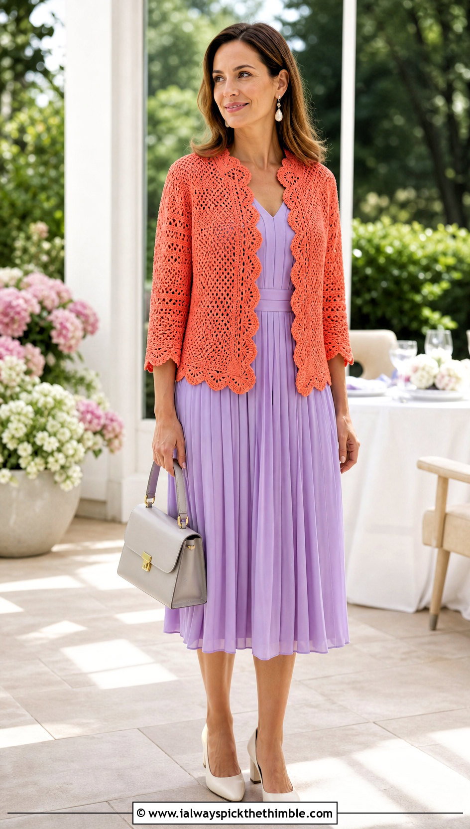 Scalloped Crochet Bed Jacket With Pleated Dress - 20 Crochet Bed Jackets outfit ideas