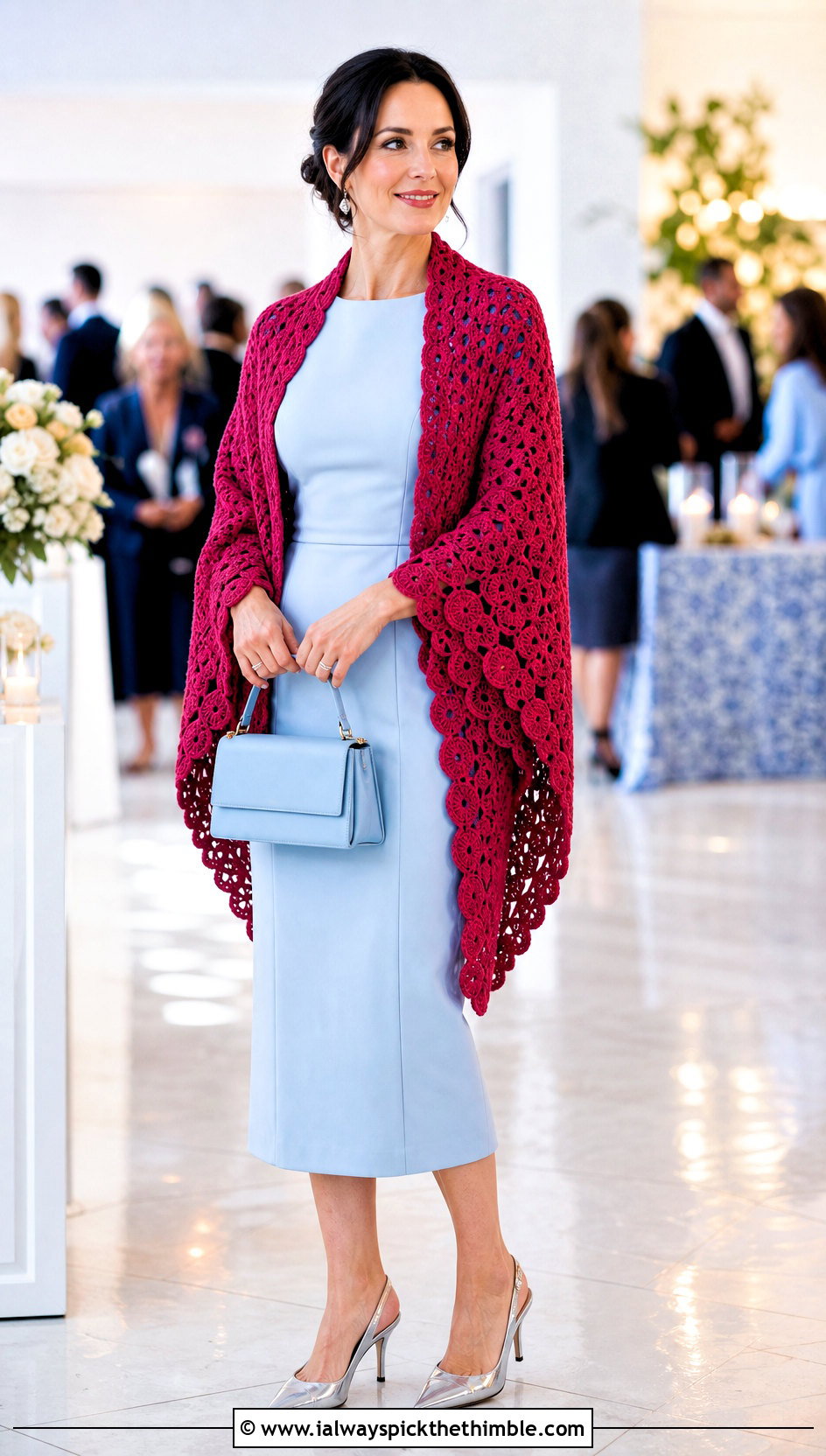 Scalloped Crochet Blanket Shawl With Tailored Midi Dress - 20 crochet blanket shawl outfit ideas