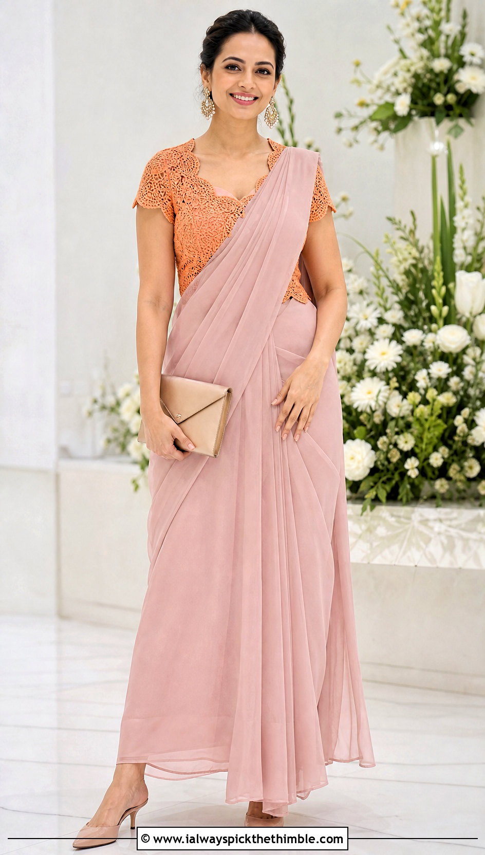 Scalloped Crochet Blouse With Georgette Saree - 25 Crochet Blouse For Saree outfit ideas