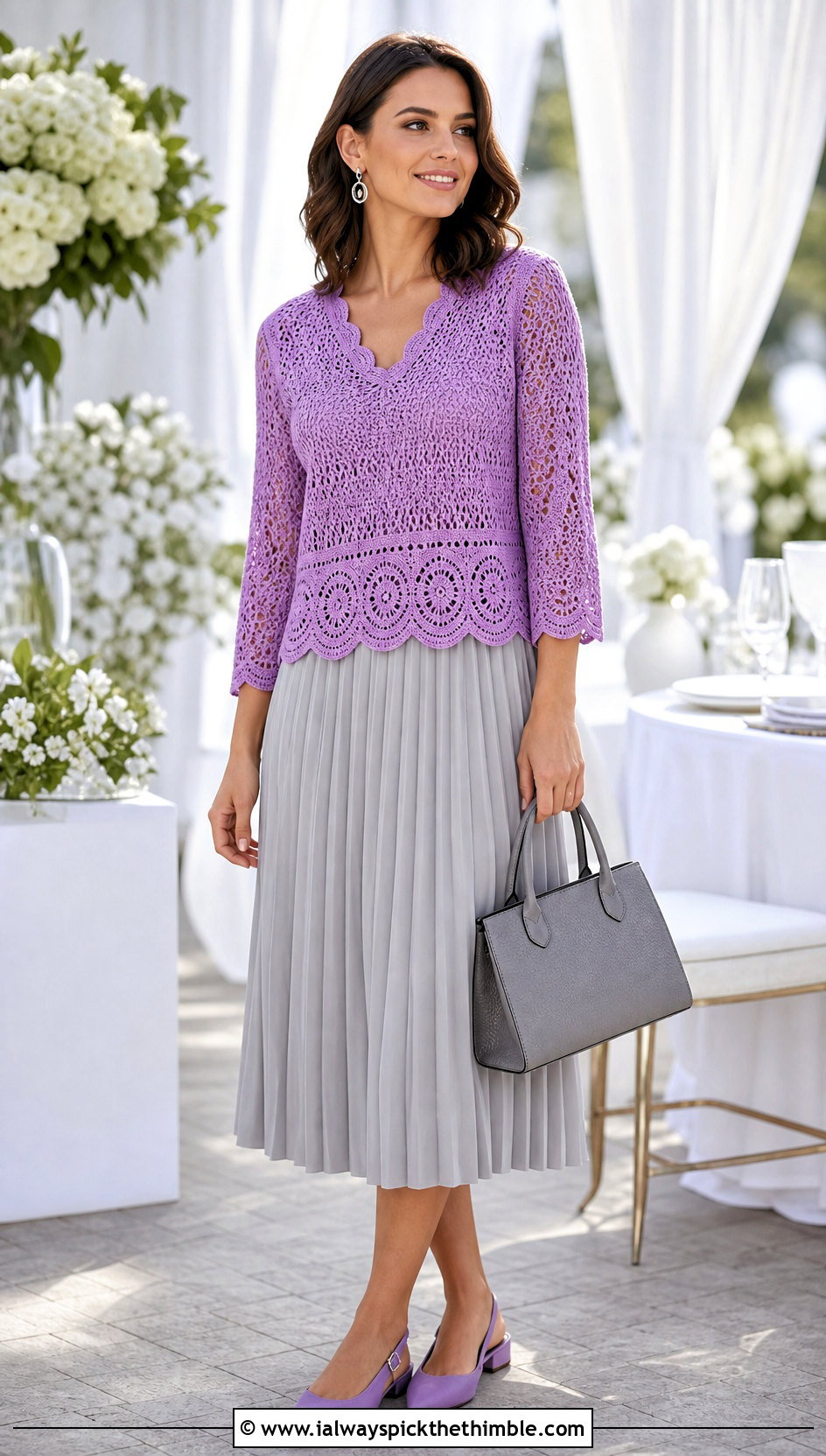 Scalloped Crochet Blouse With Pleated Midi Skirt - 25 crochet blouse outfit ideas