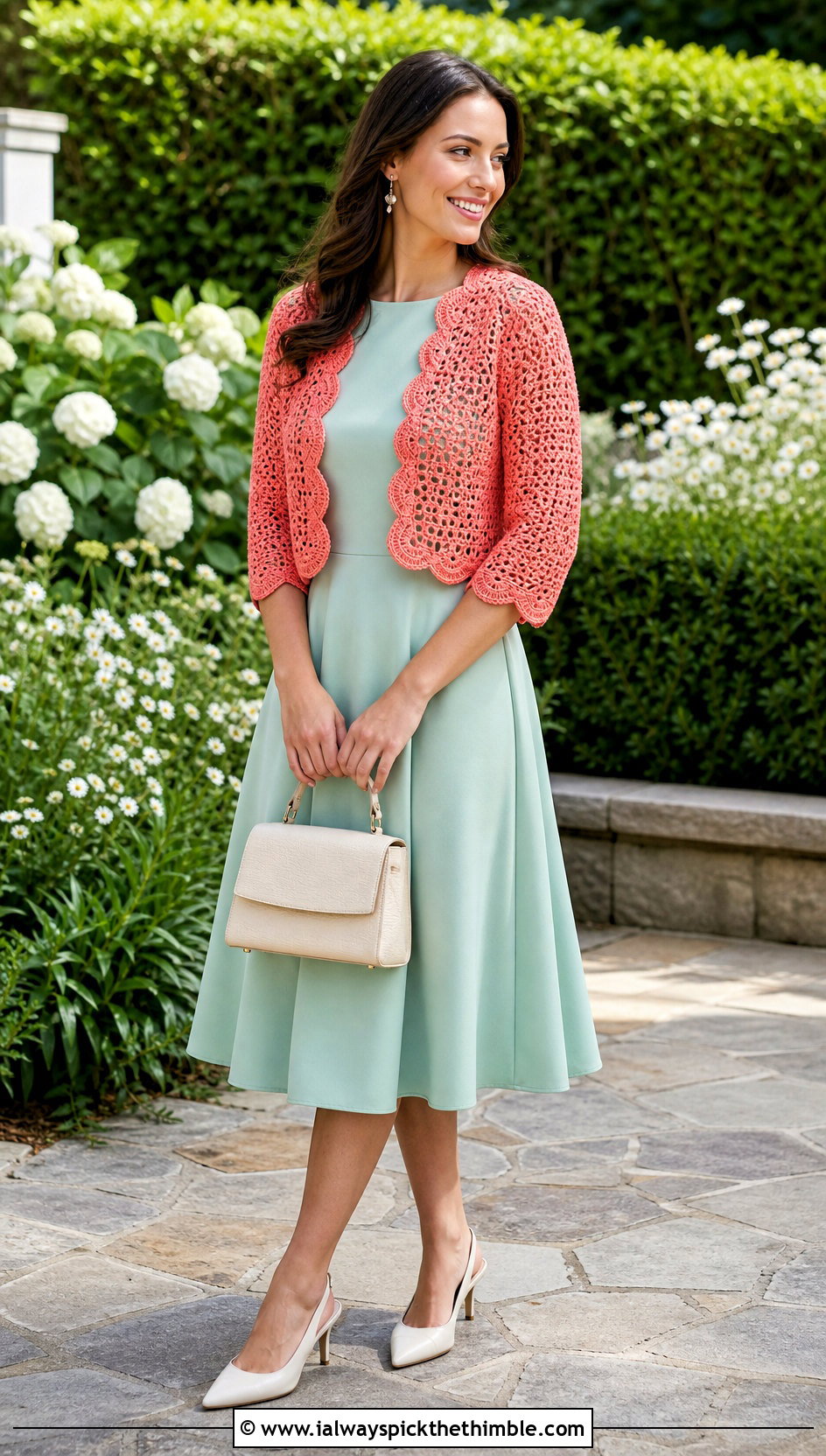 Scalloped Crochet Bolero With Fit And Flare Dress - 25 crochet shrugs outfit ideas