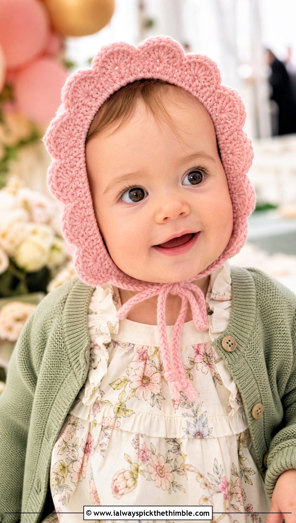 Scalloped Crochet Bonnet With Floral Dress - 15 12 Month Crochet Hat outfit ideas
