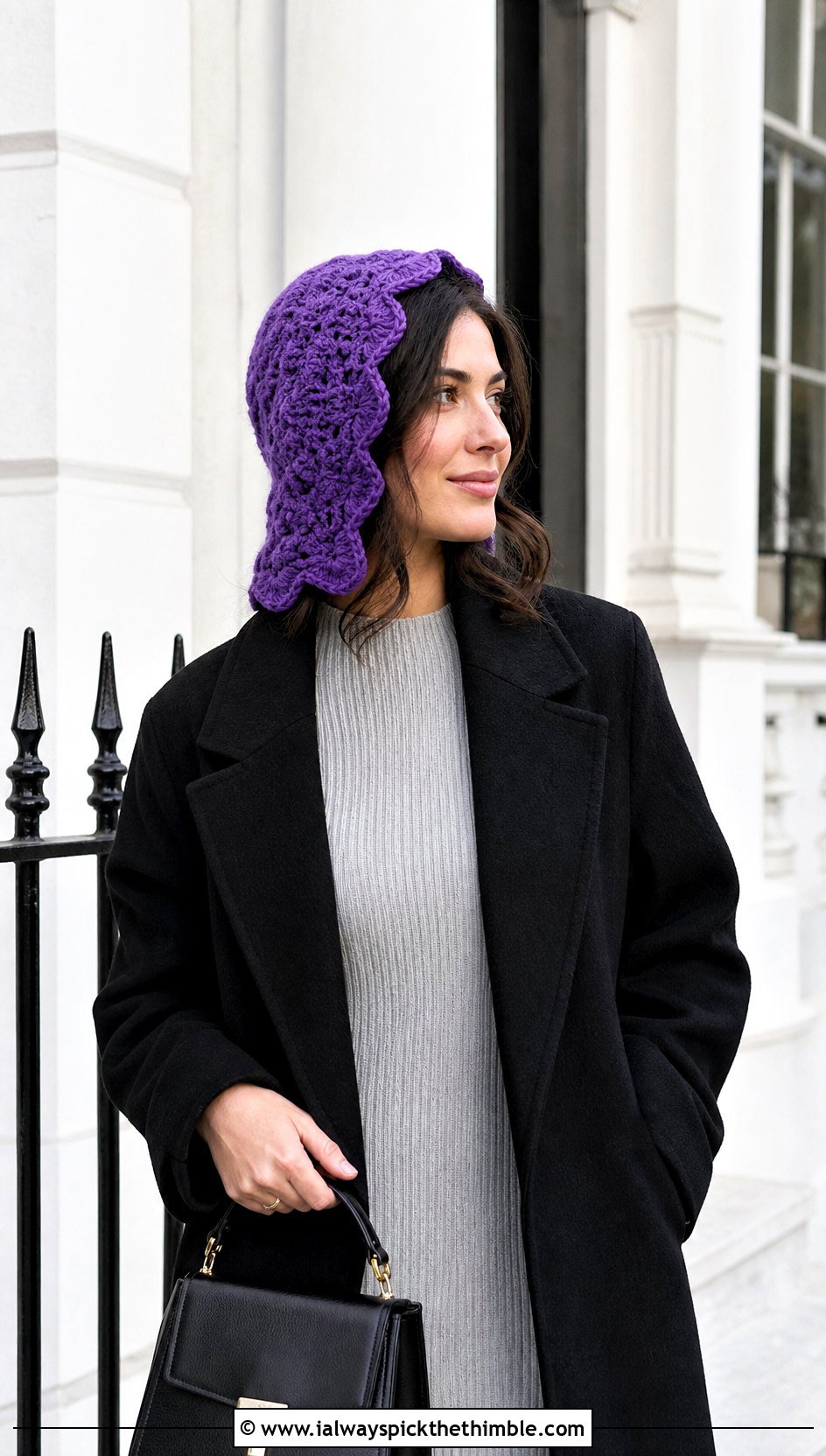 Scalloped Crochet Bonnet With Knit Dress - 20 Easy Crochet Bonnet outfit ideas