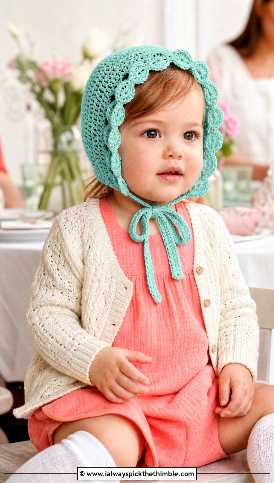 Scalloped Crochet Bonnet With Romper And Cardigan - 25 childrens crochet hats outfit ideas