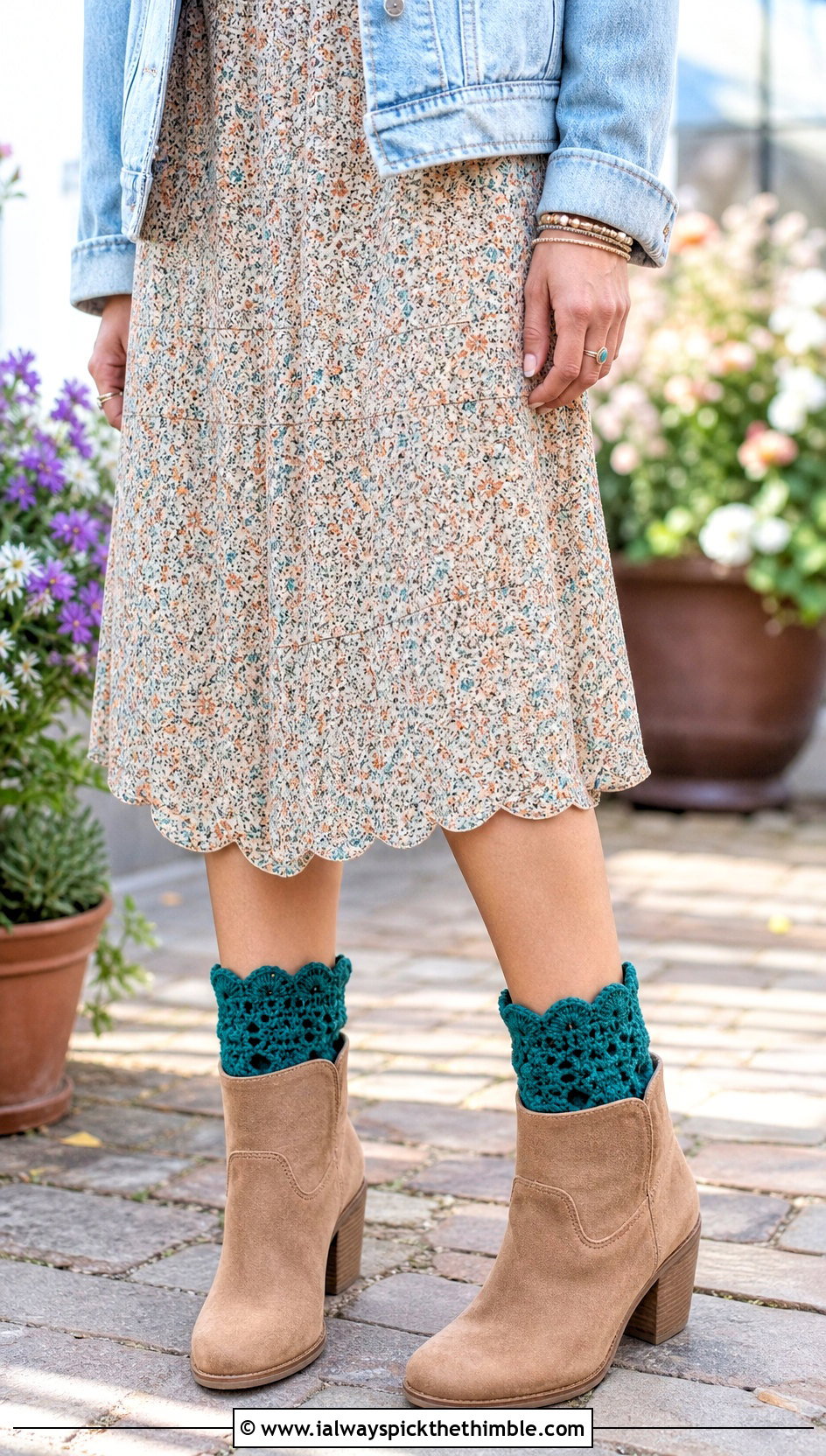 Scalloped Crochet Boot Cuffs With Floral Midi Dress - 25 crochet boot cuffs outfit ideas