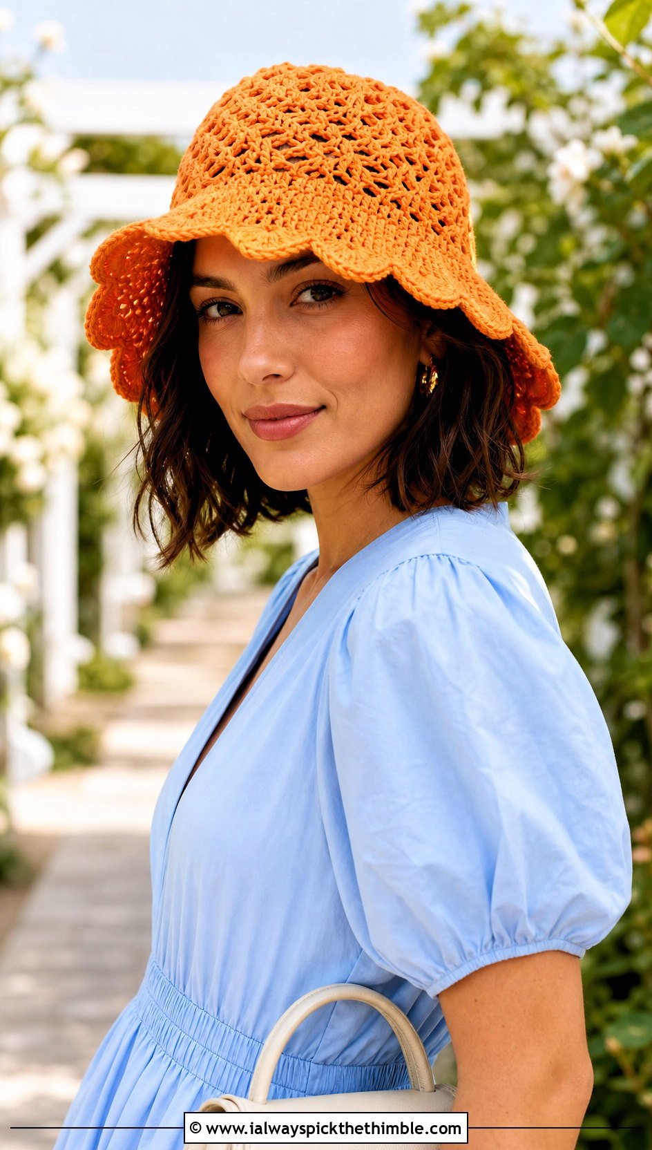 Scalloped Crochet Bucket Hat With Midi Dress - 20 crochet hat for beginners outfit ideas