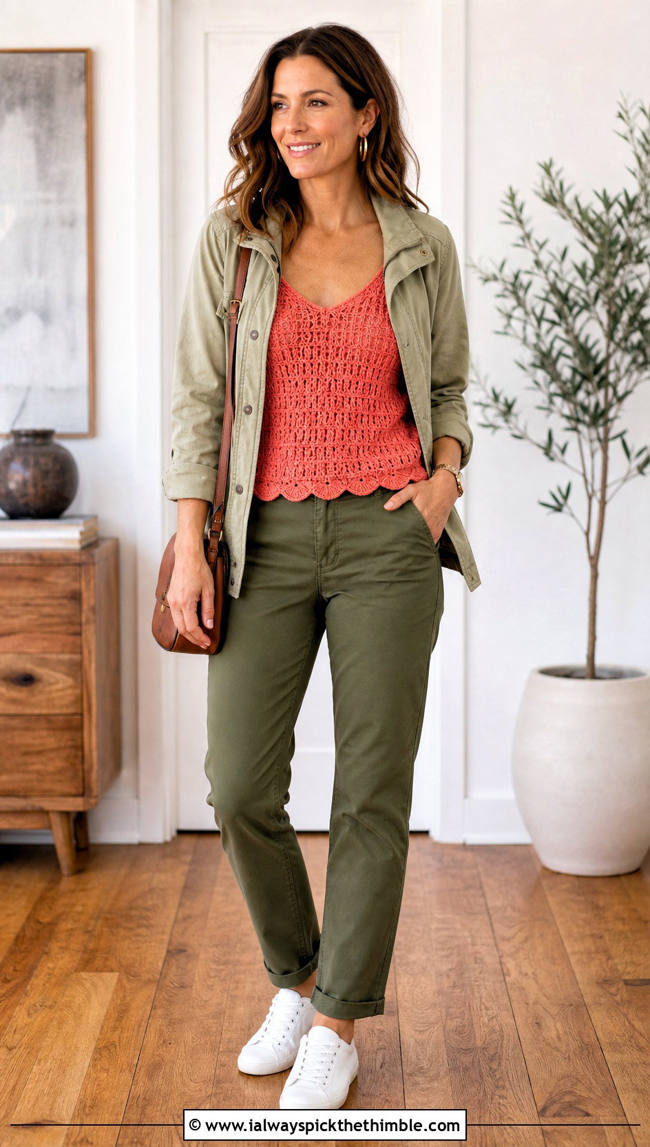 Scalloped Crochet Camisole With Utility Jacket And Chinos - 15 crochet top on wooden floor outfit ideas