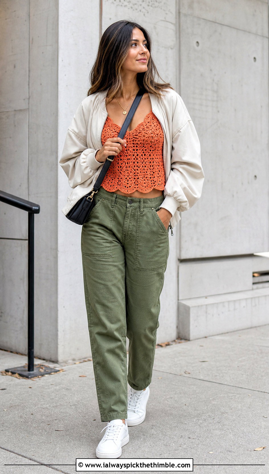 Scalloped Crochet Camisole With Utility Pants - 15 crochet tops on hangers outfit ideas