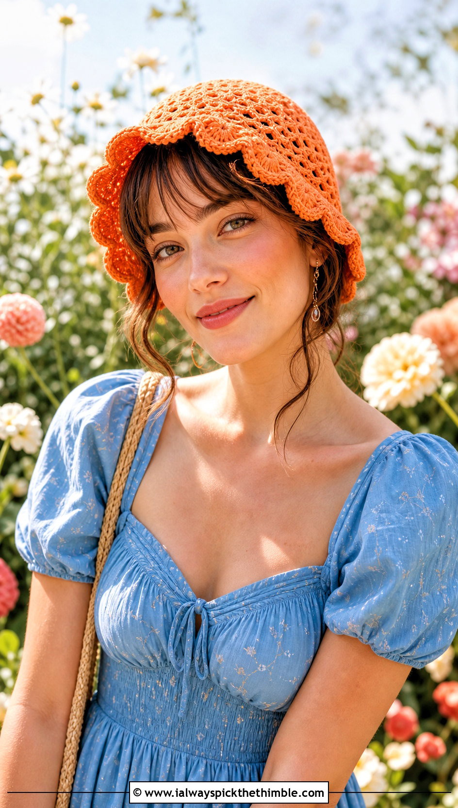 Scalloped Crochet Cap With Puff Sleeve Dress - 25 crochet caps outfit ideas